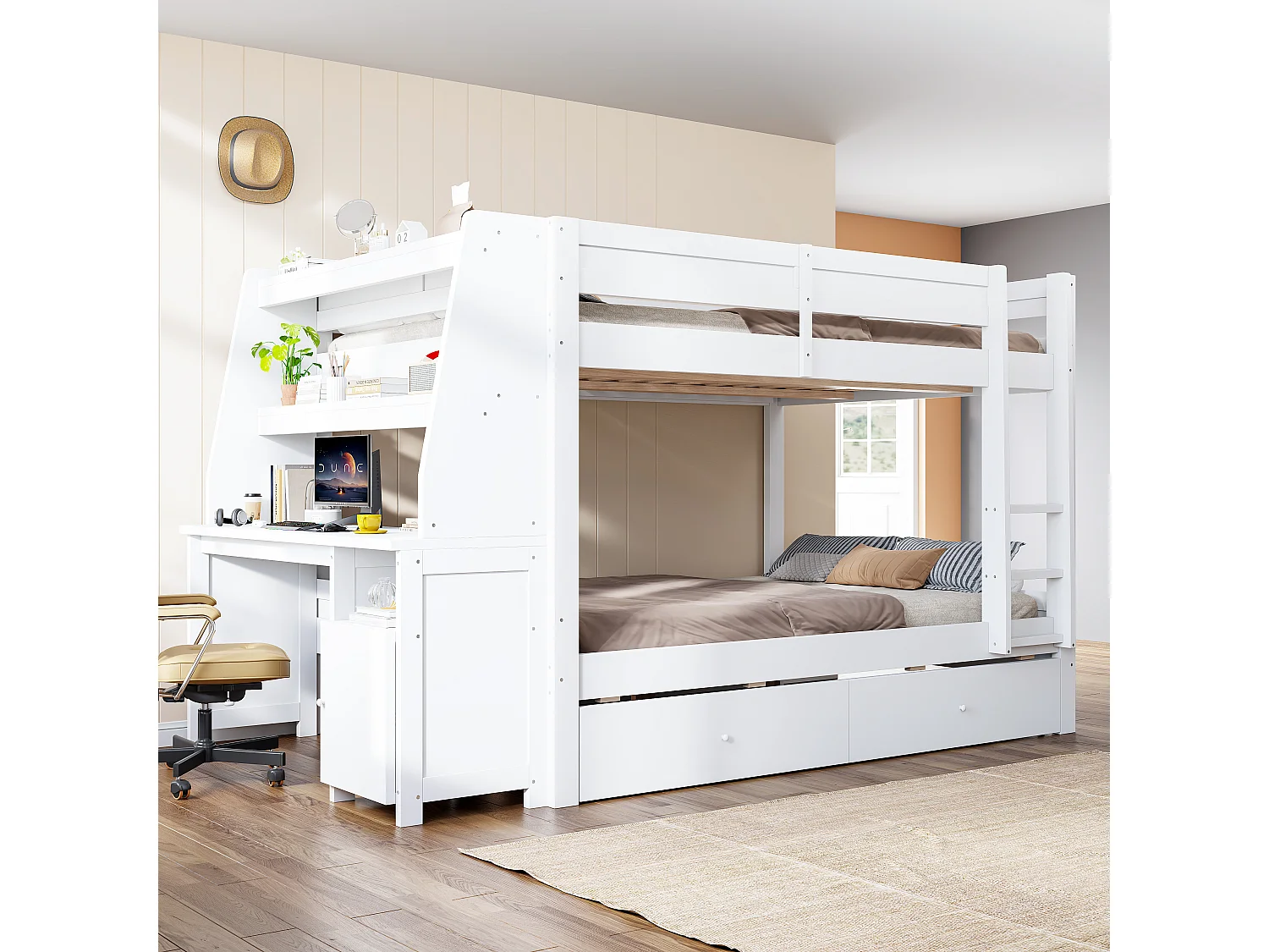 Letto a soppalco per bambini 140 x 200 cm con armadio reversibile, scrivania, mensole e 2 cassetti - Pino + metallo + MDF - Bianco (Materasso non incluso)
