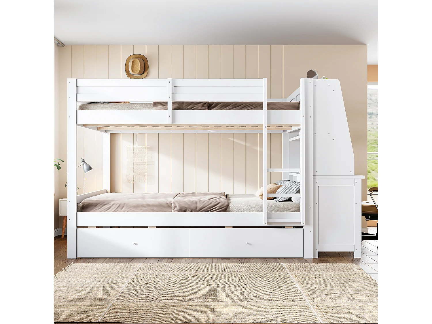 Letto a soppalco per bambini 140 x 200 cm con armadio reversibile, scrivania, mensole e 2 cassetti - Pino + metallo + MDF - Bianco (Materasso non incluso)