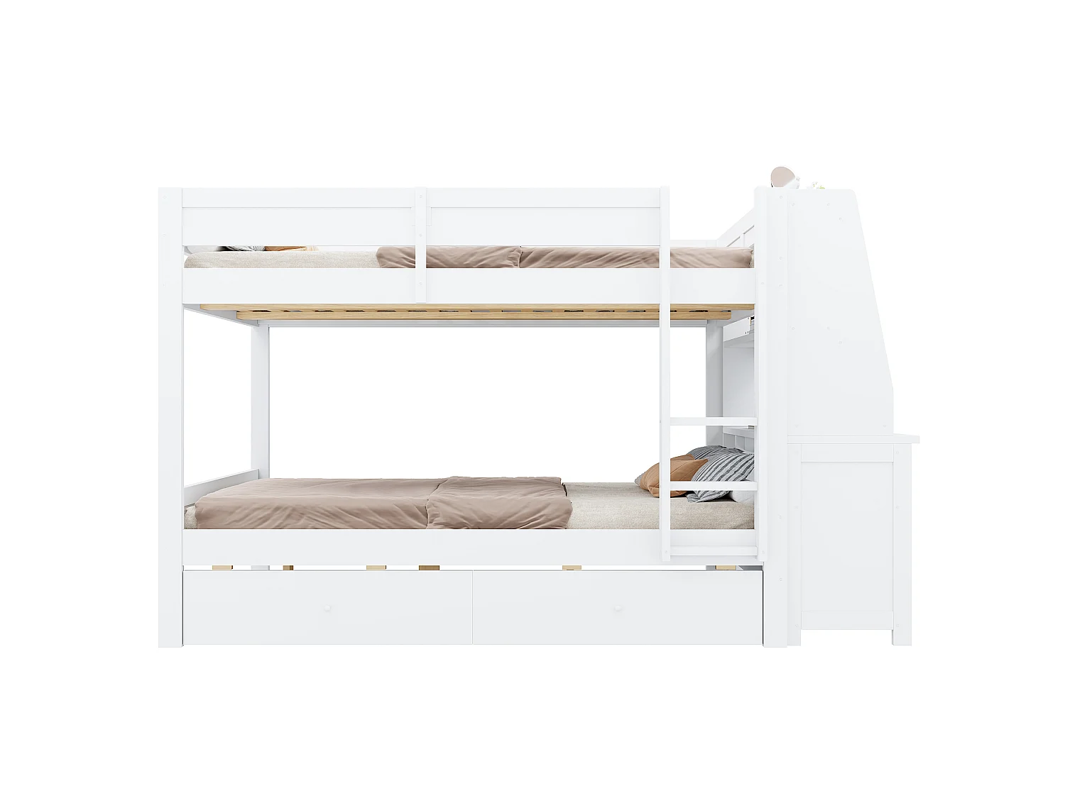 Letto a soppalco per bambini 140 x 200 cm con armadio reversibile, scrivania, mensole e 2 cassetti - Pino + metallo + MDF - Bianco (Materasso non incluso)