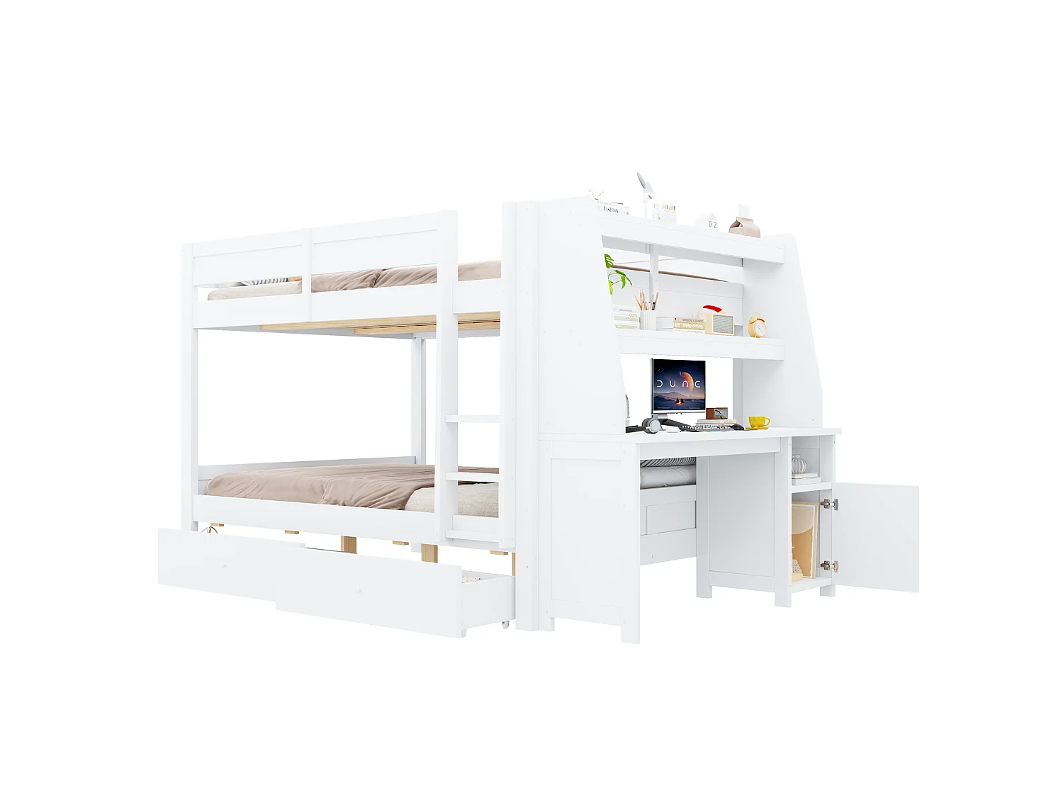 Letto a soppalco per bambini 140 x 200 cm con armadio reversibile, scrivania, mensole e 2 cassetti - Pino + metallo + MDF - Bianco (Materasso non incluso)