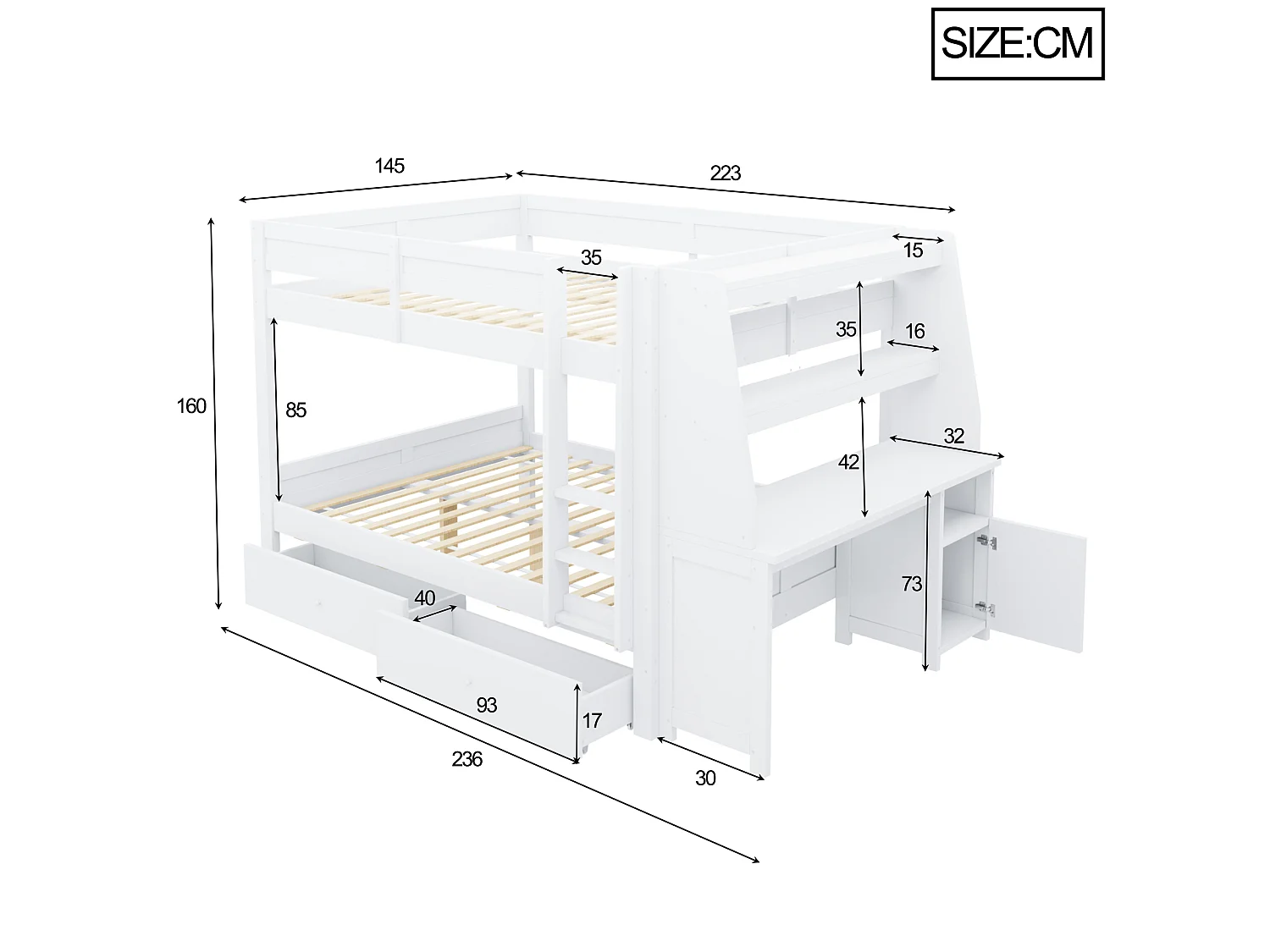 Letto a soppalco per bambini 140 x 200 cm con armadio reversibile, scrivania, mensole e 2 cassetti - Pino + metallo + MDF - Bianco (Materasso non incluso)