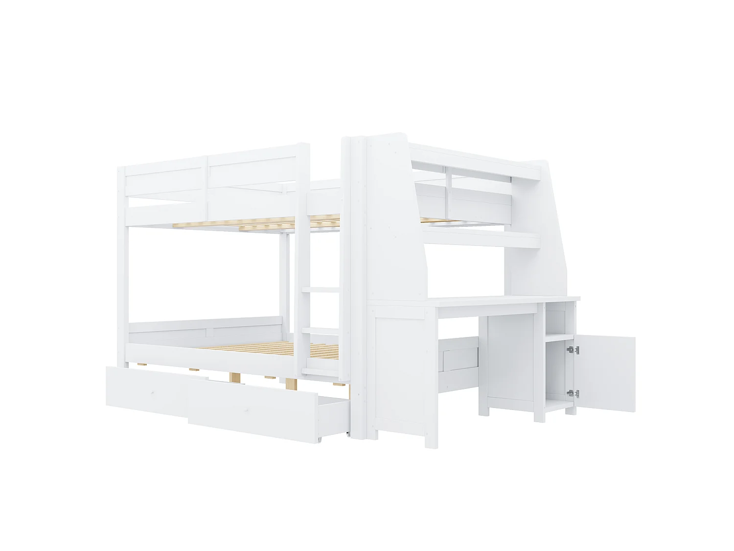 Letto a soppalco per bambini 140 x 200 cm con armadio reversibile, scrivania, mensole e 2 cassetti - Pino + metallo + MDF - Bianco (Materasso non incluso)