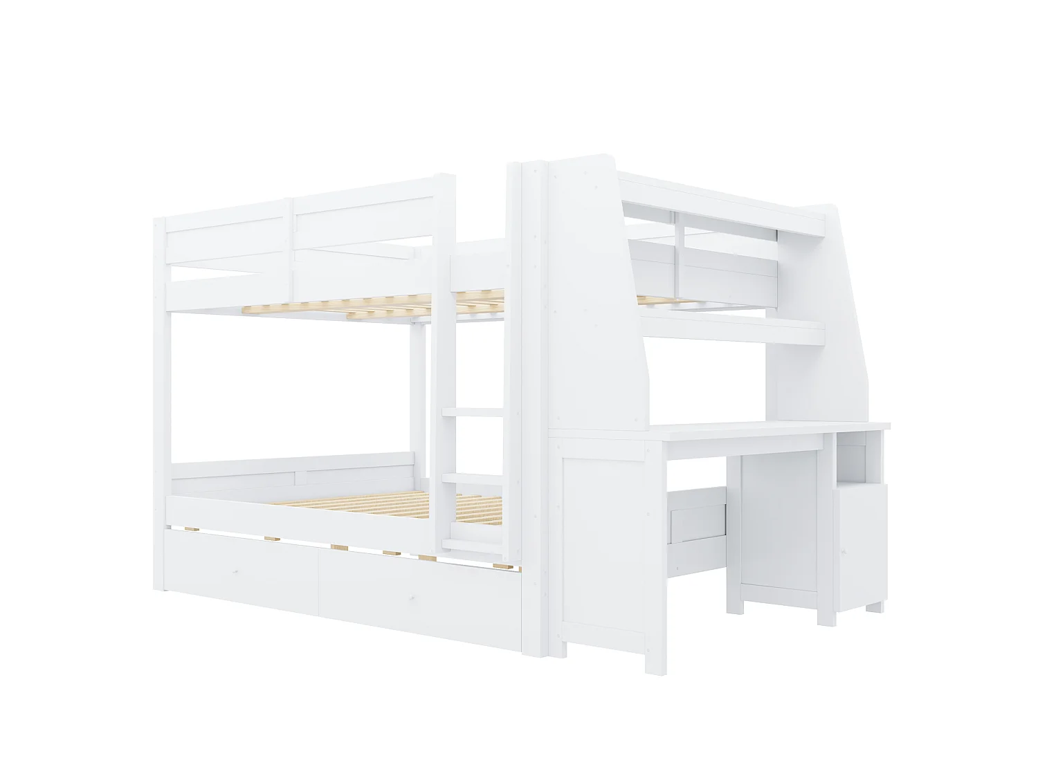Letto a soppalco per bambini 140 x 200 cm con armadio reversibile, scrivania, mensole e 2 cassetti - Pino + metallo + MDF - Bianco (Materasso non incluso)