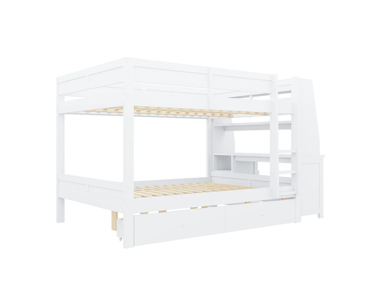Letto a soppalco per bambini 140 x 200 cm con armadio reversibile, scrivania, mensole e 2 cassetti - Pino + metallo + MDF - Bianco (Materasso non incluso)