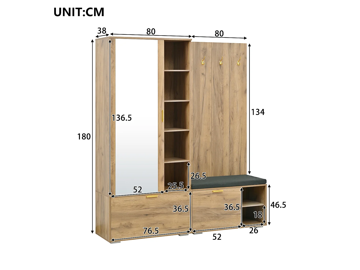 Shoe cabinet with mirror, bench, 3 doors and 4 hooks - Particleboard - 160 x 38 x 180 cm - Natural