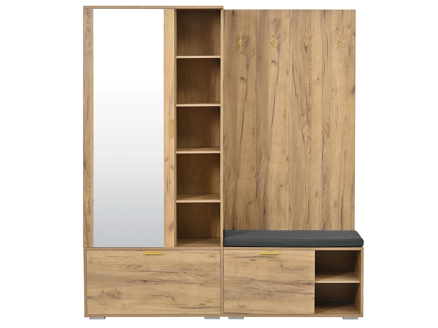 Shoe cabinet with mirror, bench, 3 doors and 4 hooks - Particleboard - 160 x 38 x 180 cm - Natural