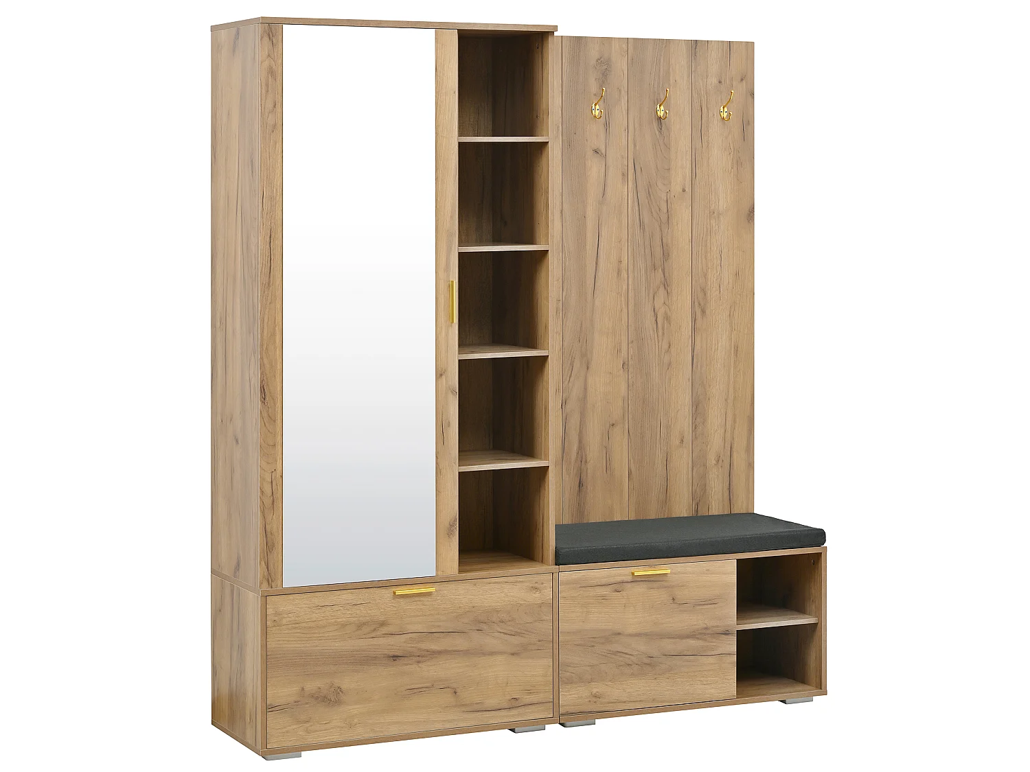 Shoe cabinet with mirror, bench, 3 doors and 4 hooks - Particleboard - 160 x 38 x 180 cm - Natural