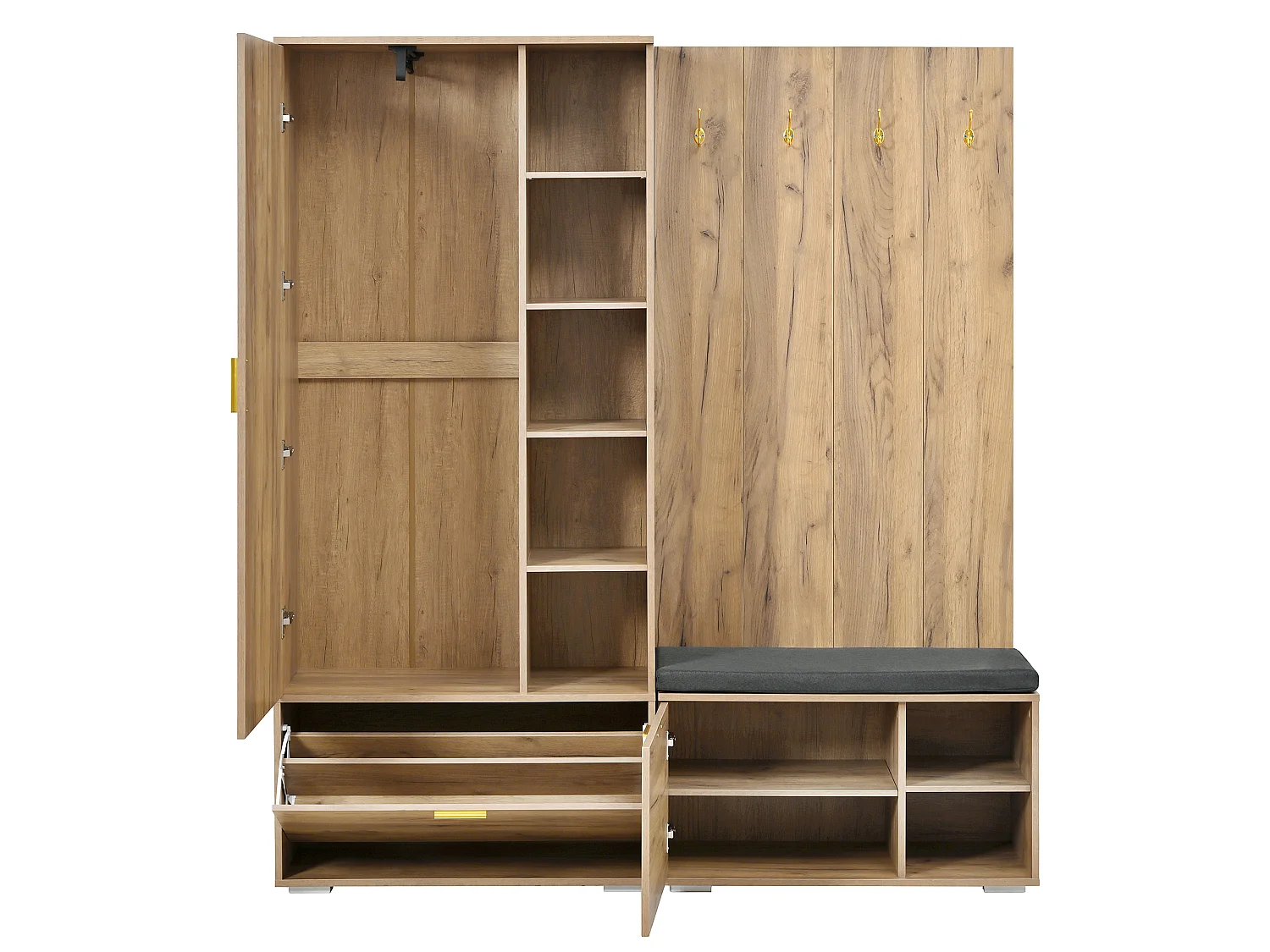 Shoe cabinet with mirror, bench, 3 doors and 4 hooks - Particleboard - 160 x 38 x 180 cm - Natural