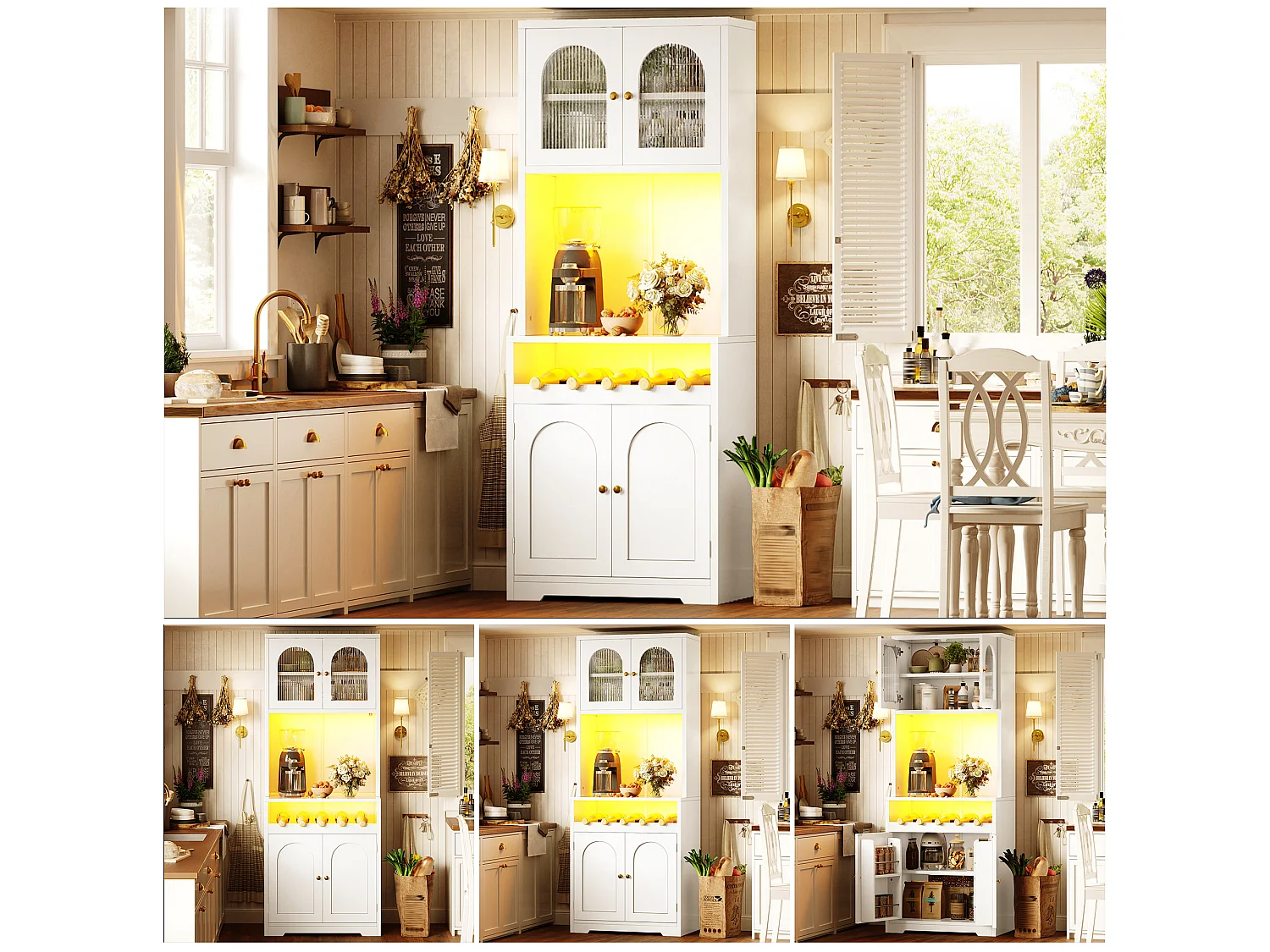Hoog keukendressoir met ledverlichting, 4 gebogen deuren en wijnrek - MDF, glas en metaal - 70 × 38,3 × 180 cm - Wit