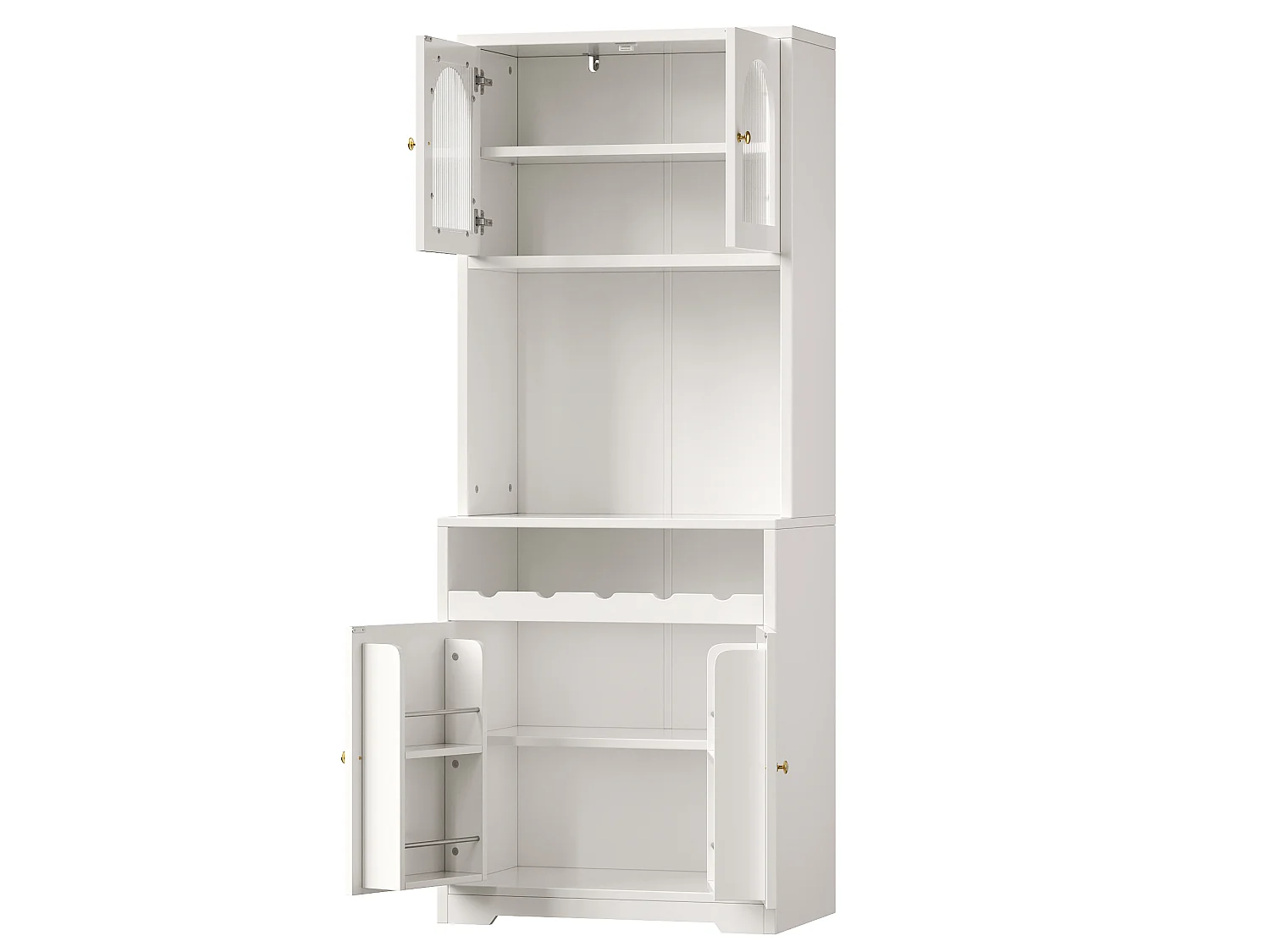 Hoog keukendressoir met ledverlichting, 4 gebogen deuren en wijnrek - MDF, glas en metaal - 70 × 38,3 × 180 cm - Wit