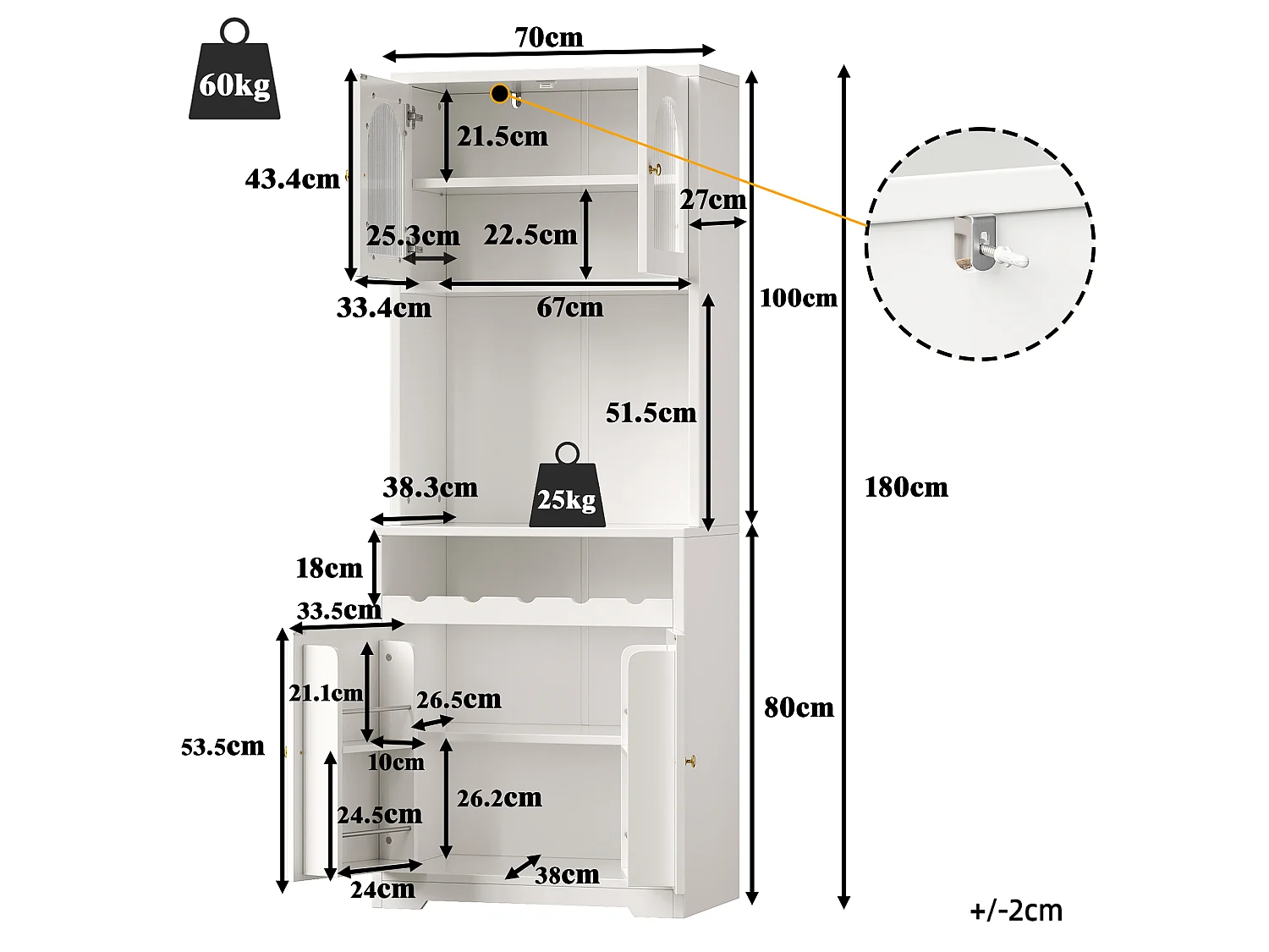 Hoog keukendressoir met ledverlichting, 4 gebogen deuren en wijnrek - MDF, glas en metaal - 70 × 38,3 × 180 cm - Wit