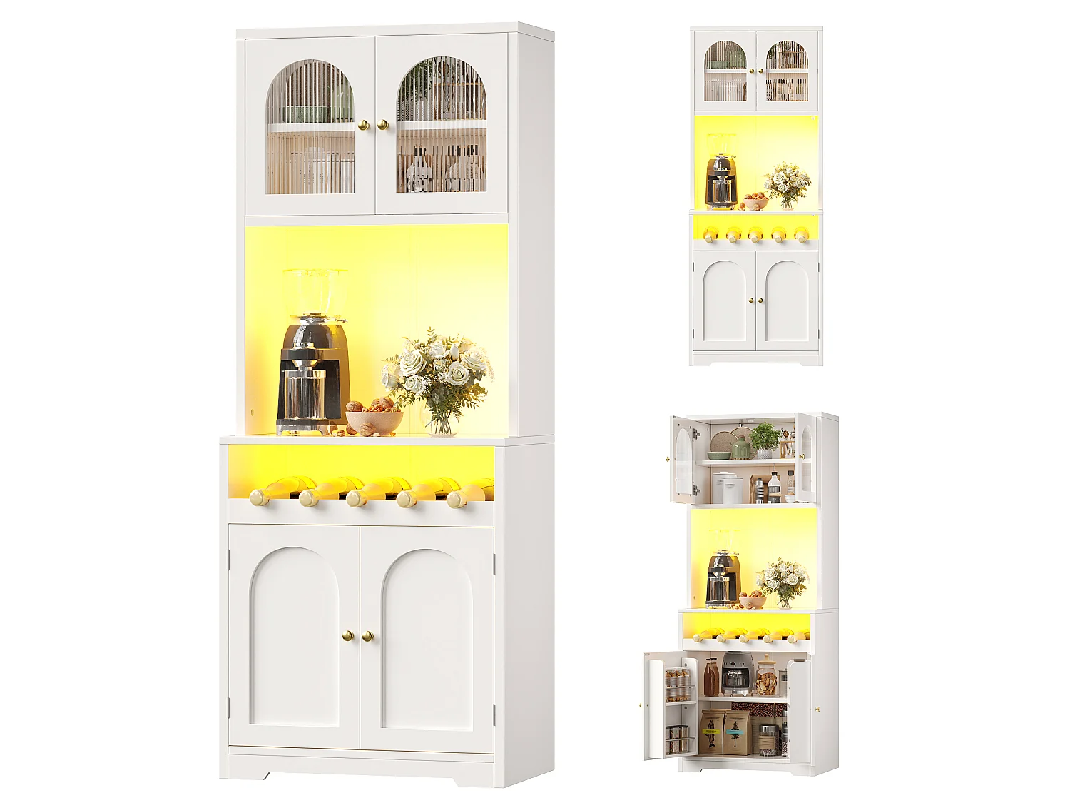 Hoog keukendressoir met ledverlichting, 4 gebogen deuren en wijnrek - MDF, glas en metaal - 70 × 38,3 × 180 cm - Wit