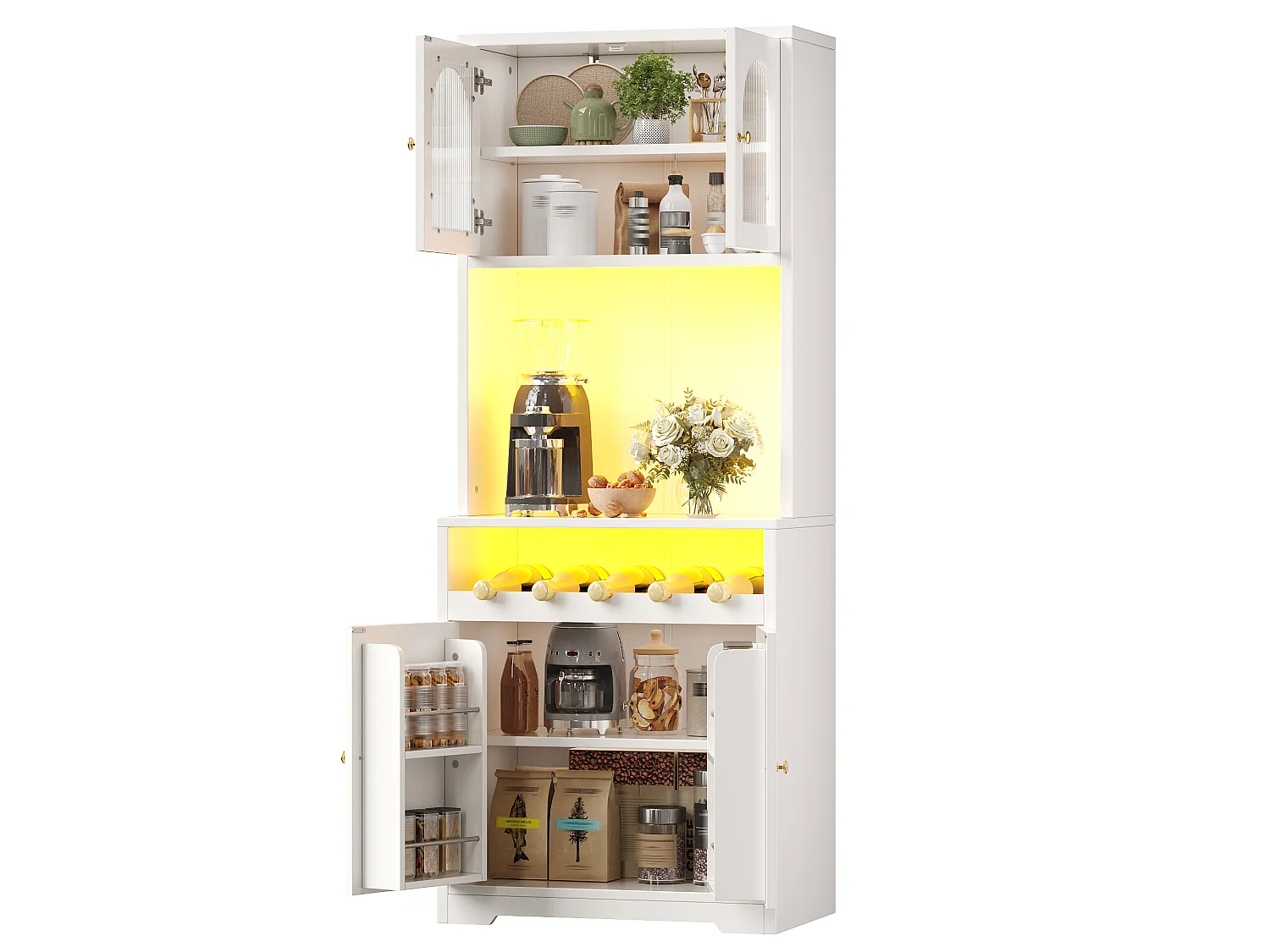 Hoog keukendressoir met ledverlichting, 4 gebogen deuren en wijnrek - MDF, glas en metaal - 70 × 38,3 × 180 cm - Wit