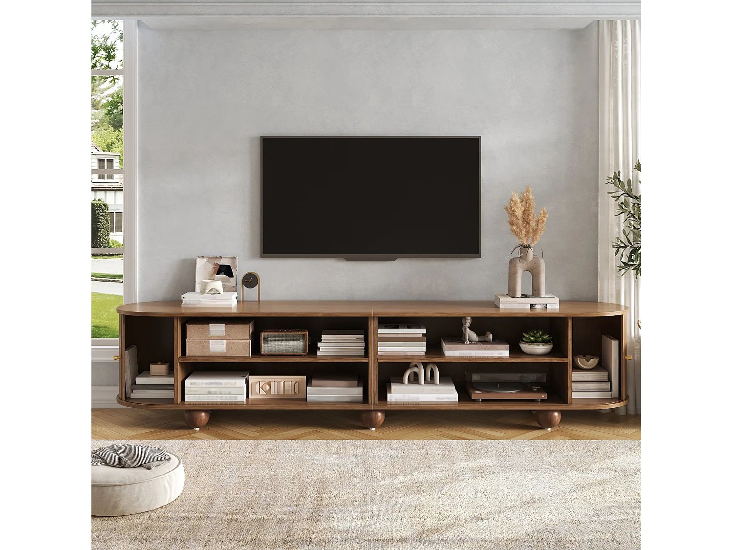 TV-Möbel mit 2 Schiebetüren, offenen Regalen und Kabelmanagement – 180 x 35 x 45 cm – MDF – Walnuss