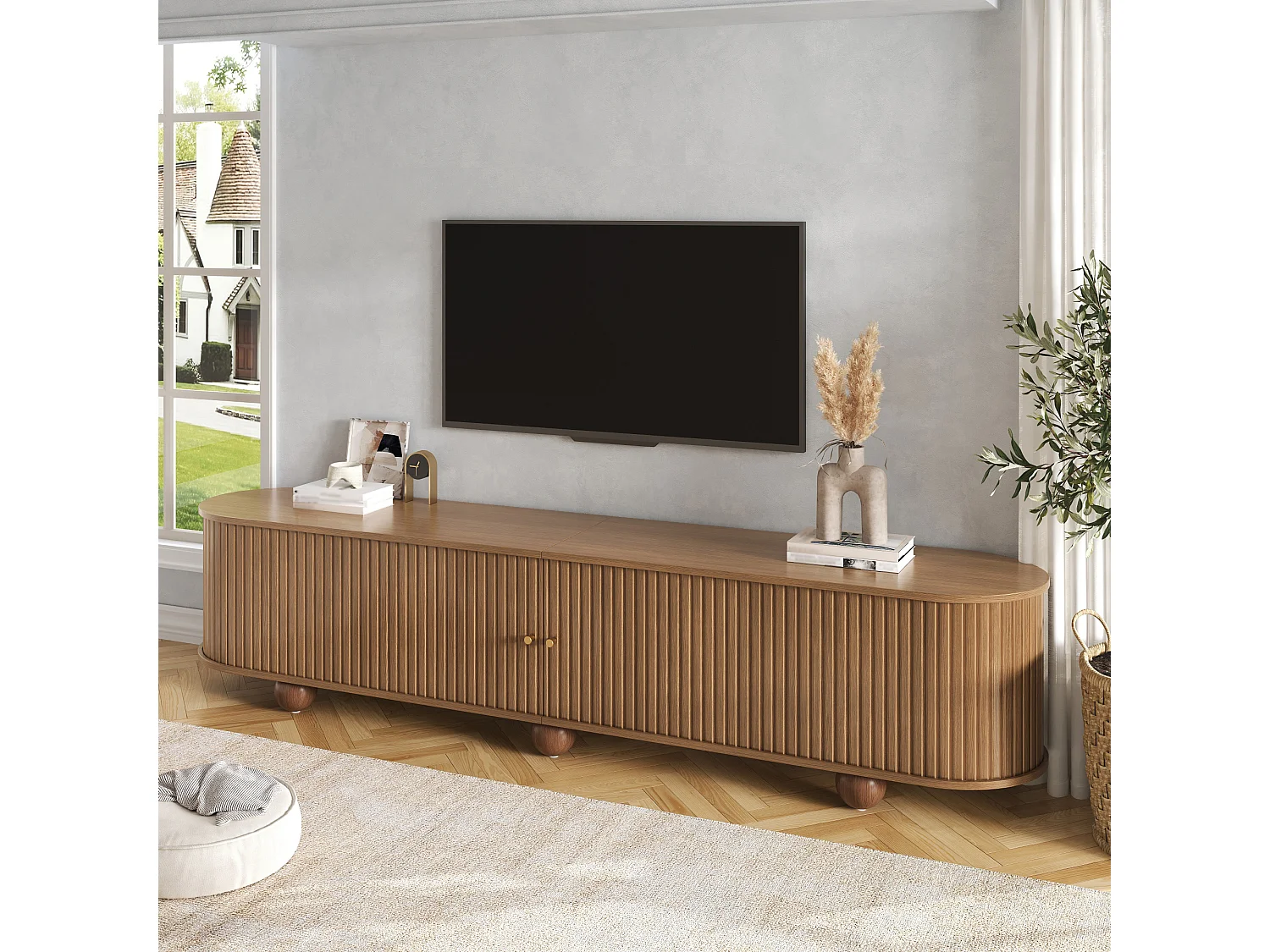 TV-Möbel mit 2 Schiebetüren, offenen Regalen und Kabelmanagement – 180 x 35 x 45 cm – MDF – Walnuss