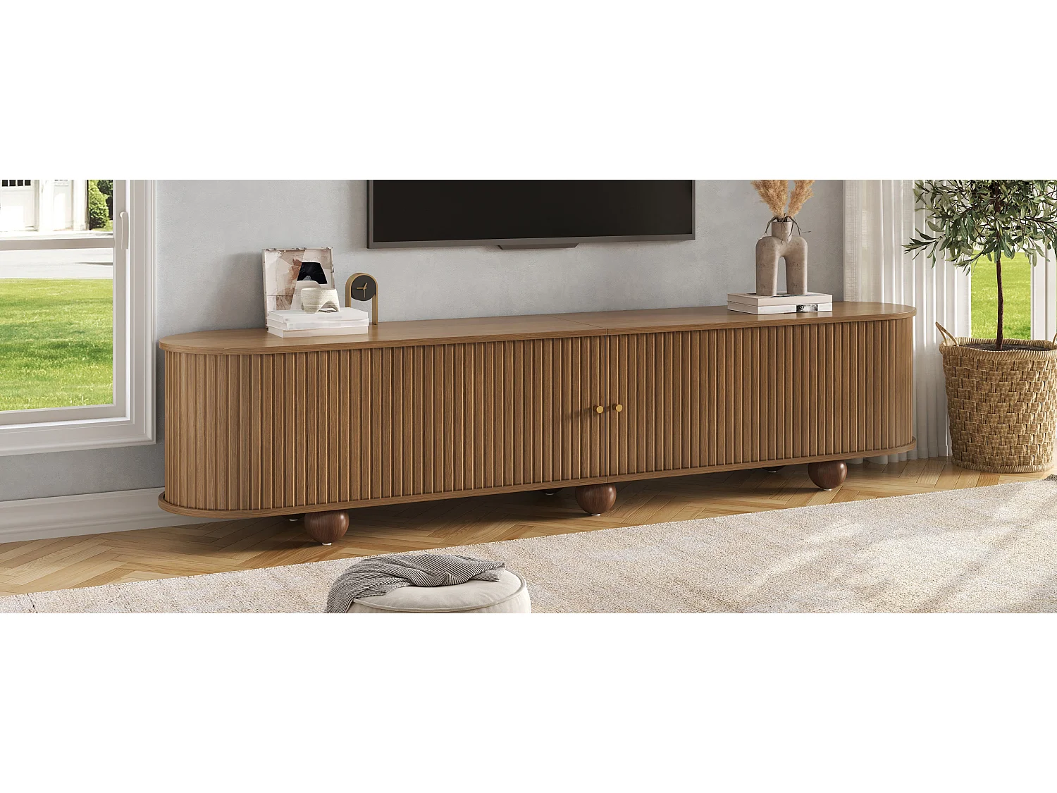 TV-Möbel mit 2 Schiebetüren, offenen Regalen und Kabelmanagement – 180 x 35 x 45 cm – MDF – Walnuss