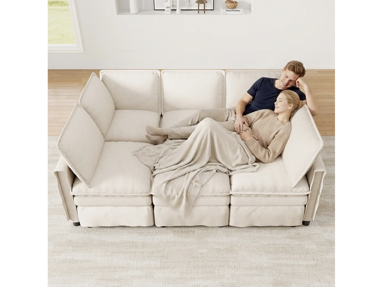 XXL modulares 6-Sitzer-Ecksofa, umwandelbar in ein Bett mit abnehmbarem Hocker, U- oder L-Form – Chenille – 344 x 127 x 91 cm – Beige