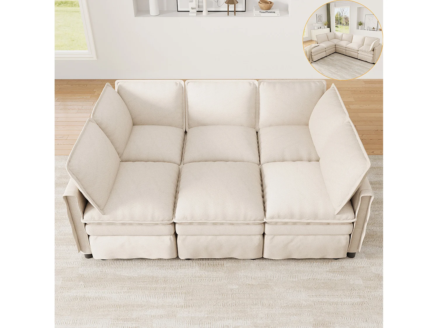 XXL modulares 6-Sitzer-Ecksofa, umwandelbar in ein Bett mit abnehmbarem Hocker, U- oder L-Form – Chenille – 344 x 127 x 91 cm – Beige