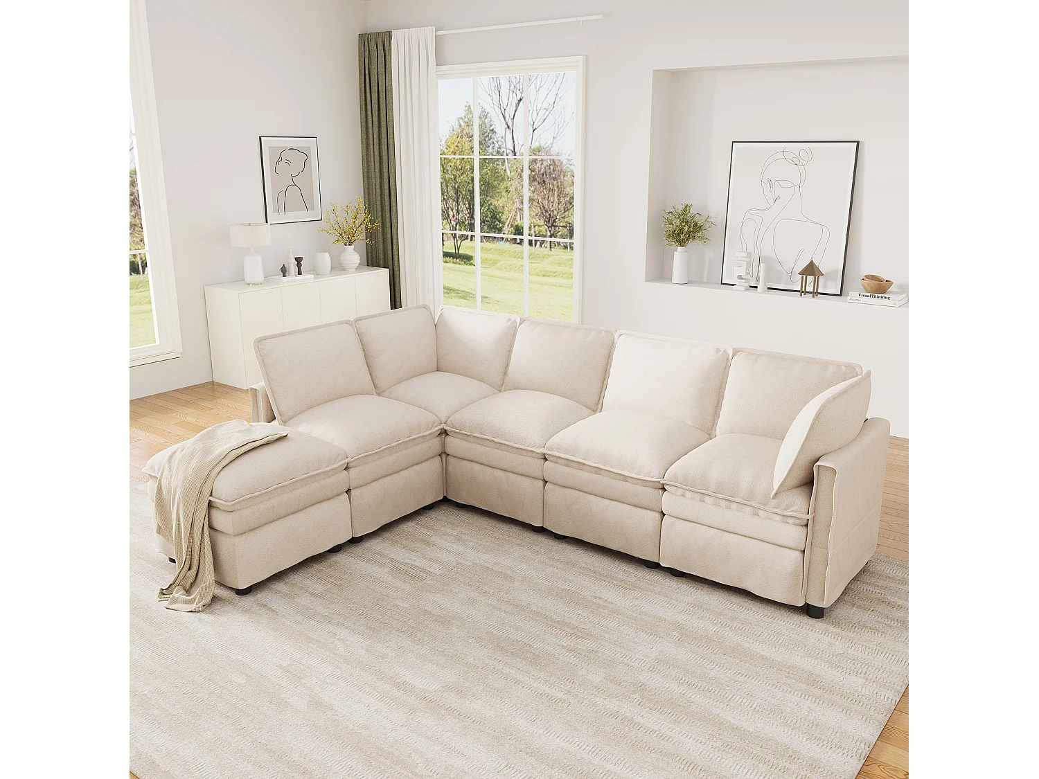 XXL modulares 6-Sitzer-Ecksofa, umwandelbar in ein Bett mit abnehmbarem Hocker, U- oder L-Form – Chenille – 344 x 127 x 91 cm – Beige