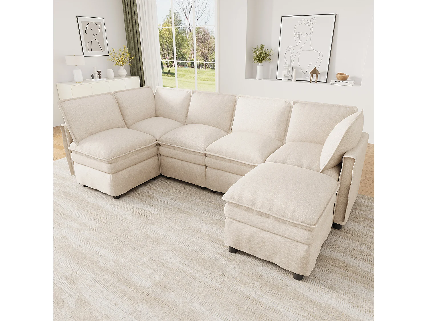 XXL modulares 6-Sitzer-Ecksofa, umwandelbar in ein Bett mit abnehmbarem Hocker, U- oder L-Form – Chenille – 344 x 127 x 91 cm – Beige
