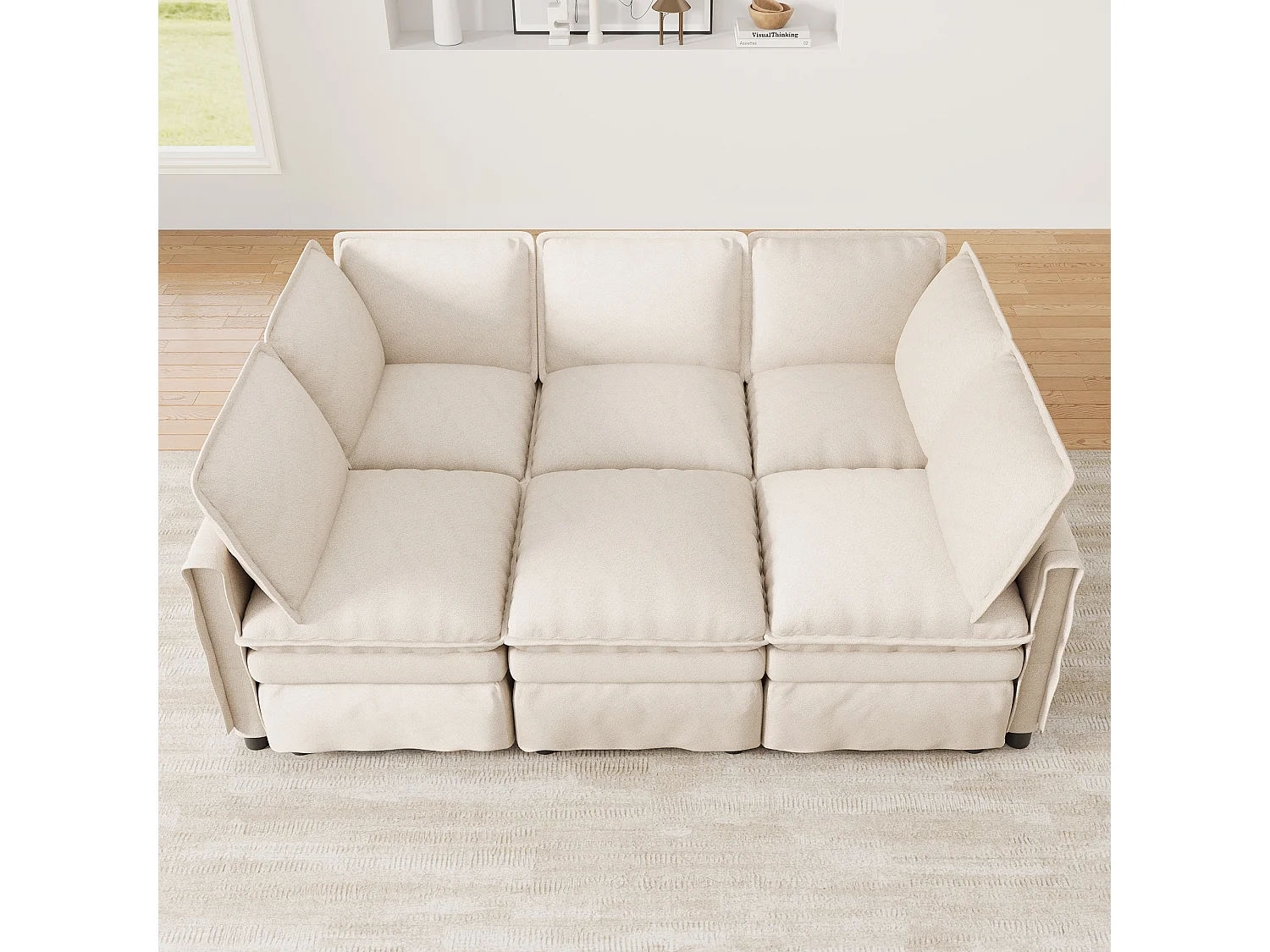 XXL modulares 6-Sitzer-Ecksofa, umwandelbar in ein Bett mit abnehmbarem Hocker, U- oder L-Form – Chenille – 344 x 127 x 91 cm – Beige