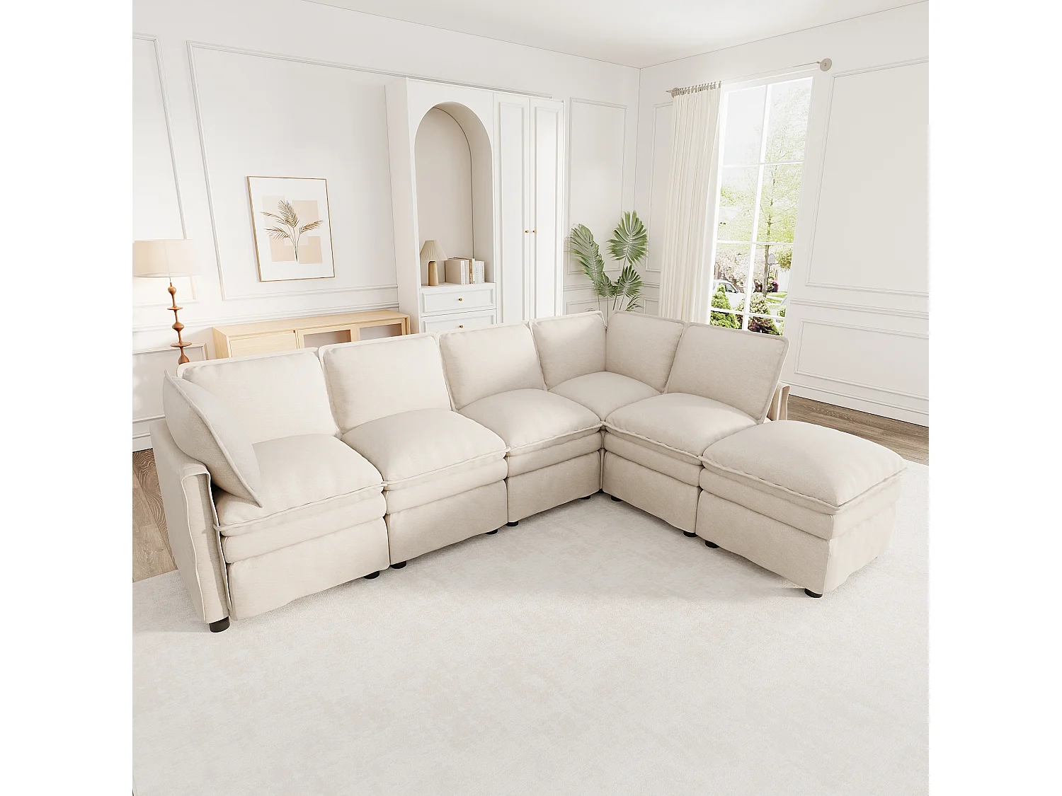 XXL modulares 6-Sitzer-Ecksofa, umwandelbar in ein Bett mit abnehmbarem Hocker, U- oder L-Form – Chenille – 344 x 127 x 91 cm – Beige