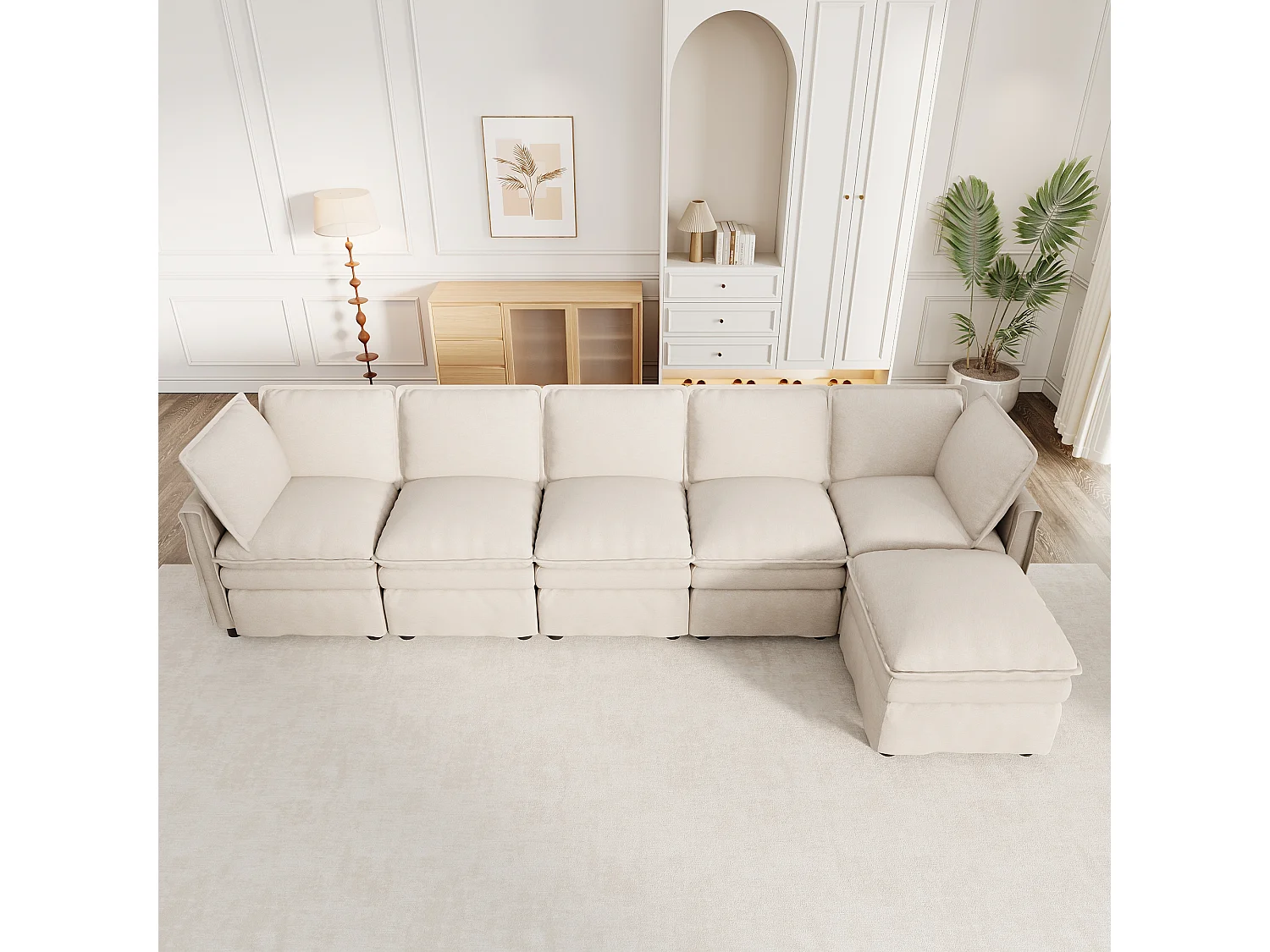 XXL modulares 6-Sitzer-Ecksofa, umwandelbar in ein Bett mit abnehmbarem Hocker, U- oder L-Form – Chenille – 344 x 127 x 91 cm – Beige
