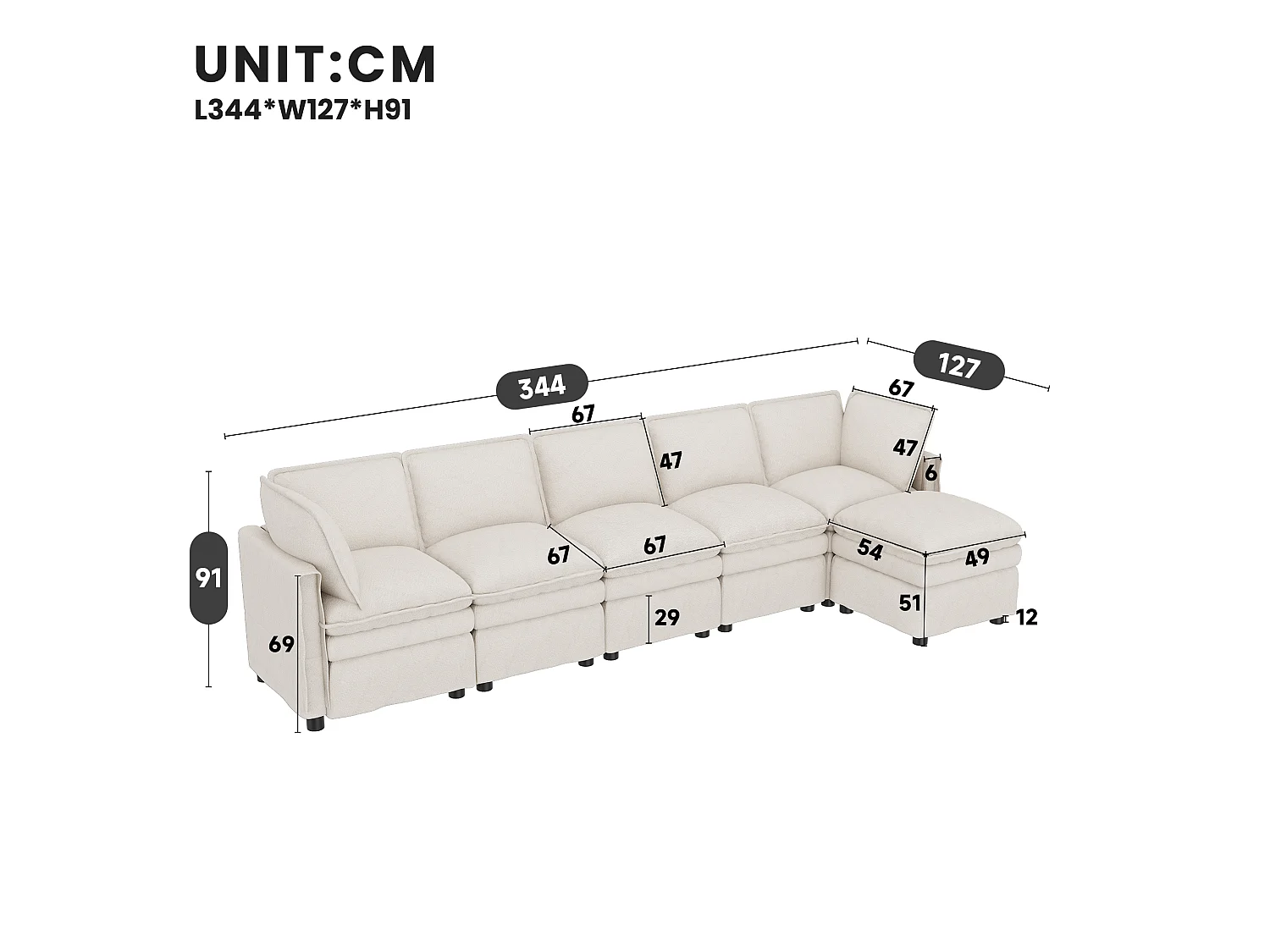 XXL modulares 6-Sitzer-Ecksofa, umwandelbar in ein Bett mit abnehmbarem Hocker, U- oder L-Form – Chenille – 344 x 127 x 91 cm – Beige