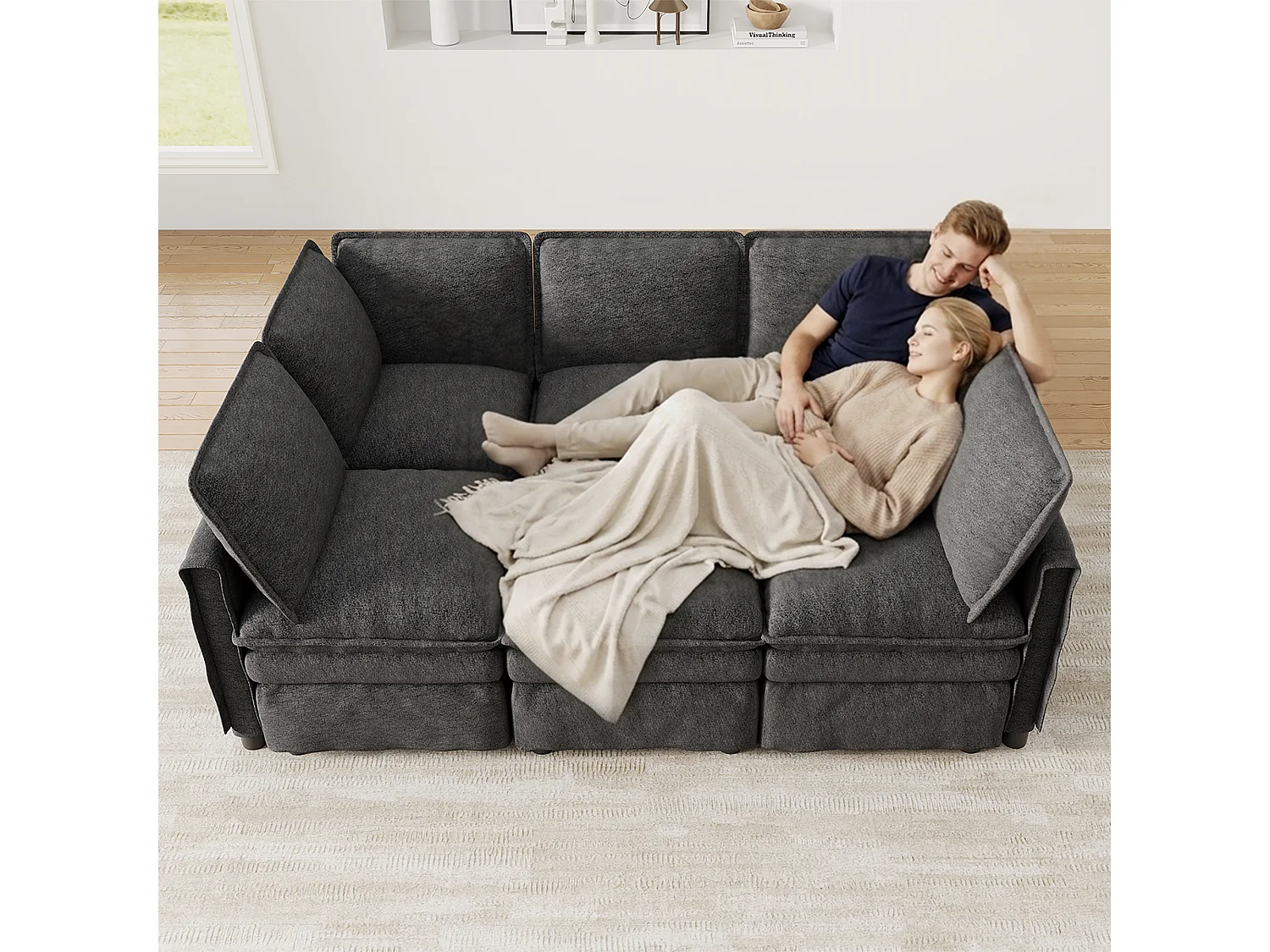 XXL modulares 6-Sitzer-Ecksofa, umwandelbar in ein Bett mit abnehmbarem Hocker, U- oder L-Form – Chenille – 344 x 127 x 91 cm – Grau