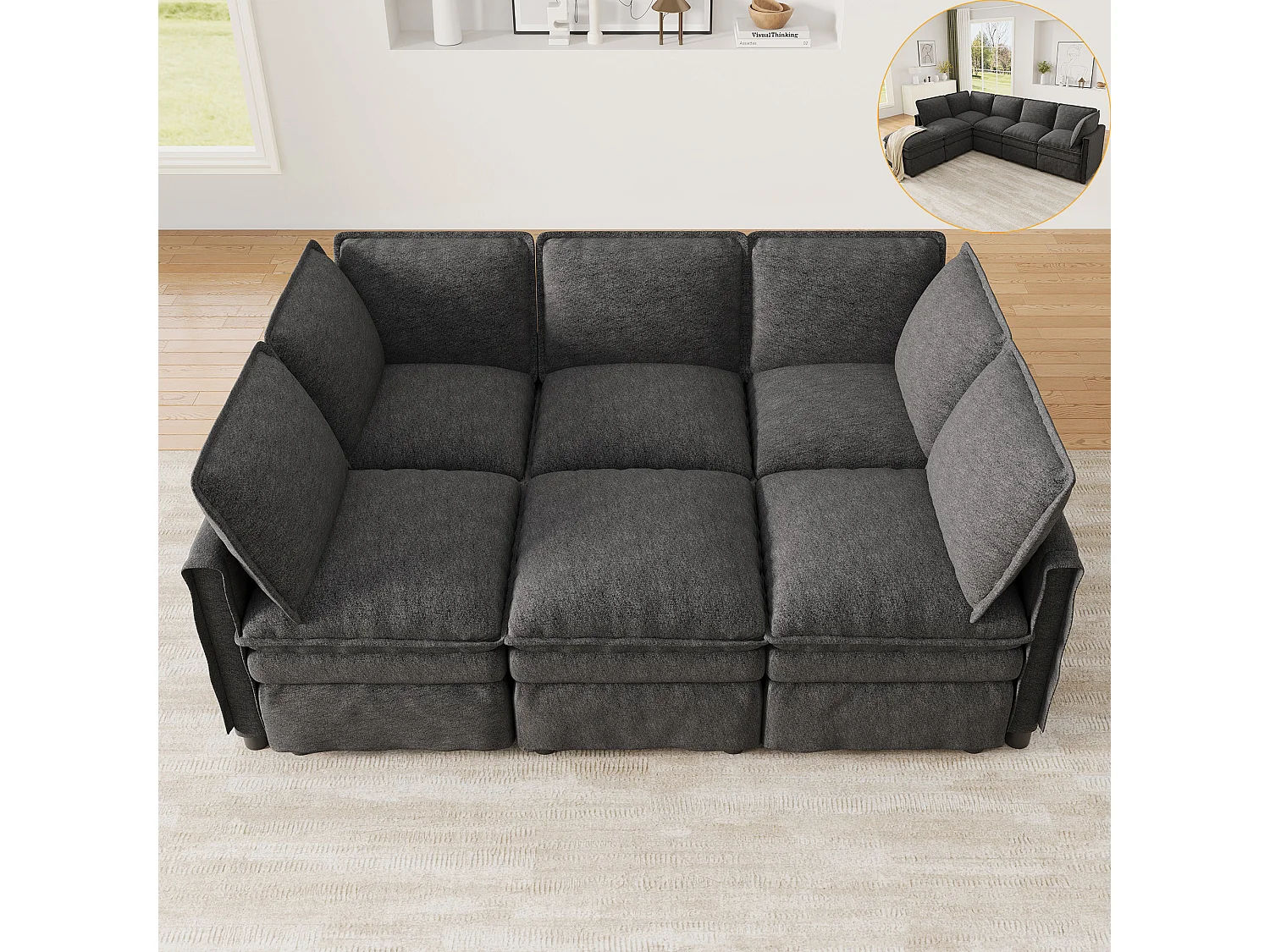 XXL modulares 6-Sitzer-Ecksofa, umwandelbar in ein Bett mit abnehmbarem Hocker, U- oder L-Form – Chenille – 344 x 127 x 91 cm – Grau