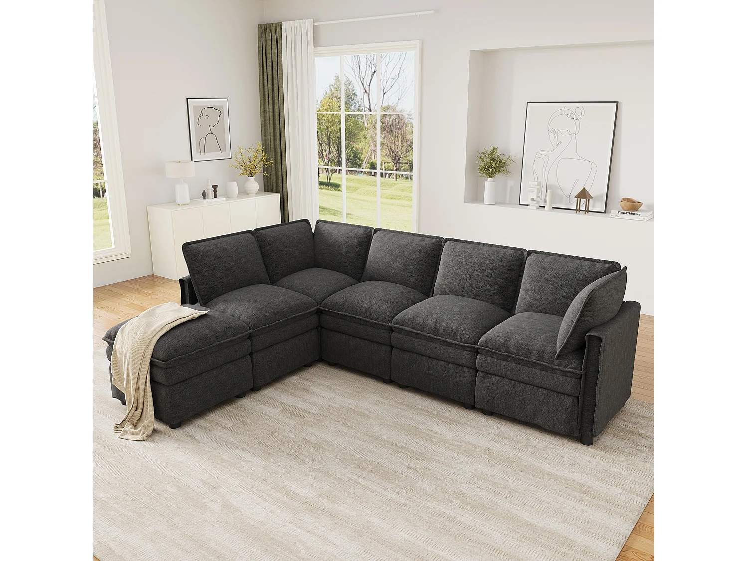 XXL modulares 6-Sitzer-Ecksofa, umwandelbar in ein Bett mit abnehmbarem Hocker, U- oder L-Form – Chenille – 344 x 127 x 91 cm – Grau