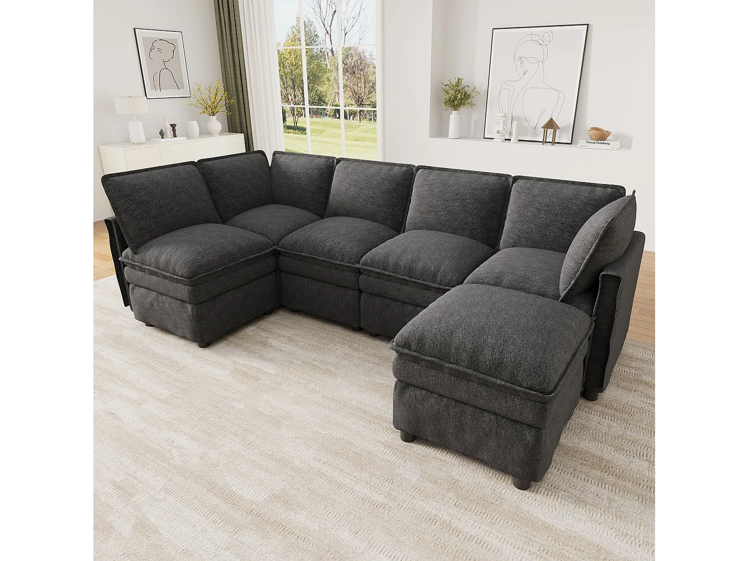 XXL modulares 6-Sitzer-Ecksofa, umwandelbar in ein Bett mit abnehmbarem Hocker, U- oder L-Form – Chenille – 344 x 127 x 91 cm – Grau