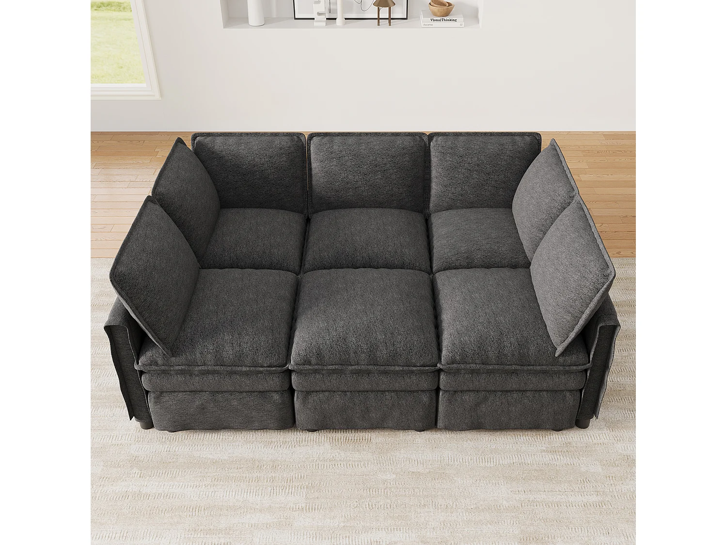 XXL modulares 6-Sitzer-Ecksofa, umwandelbar in ein Bett mit abnehmbarem Hocker, U- oder L-Form – Chenille – 344 x 127 x 91 cm – Grau