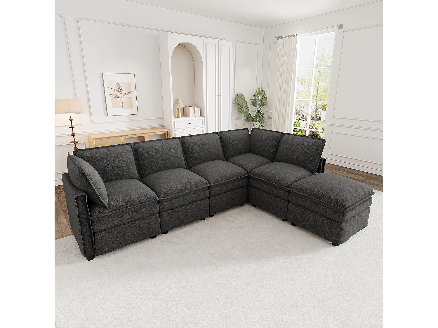 XXL modulares 6-Sitzer-Ecksofa, umwandelbar in ein Bett mit abnehmbarem Hocker, U- oder L-Form – Chenille – 344 x 127 x 91 cm – Grau