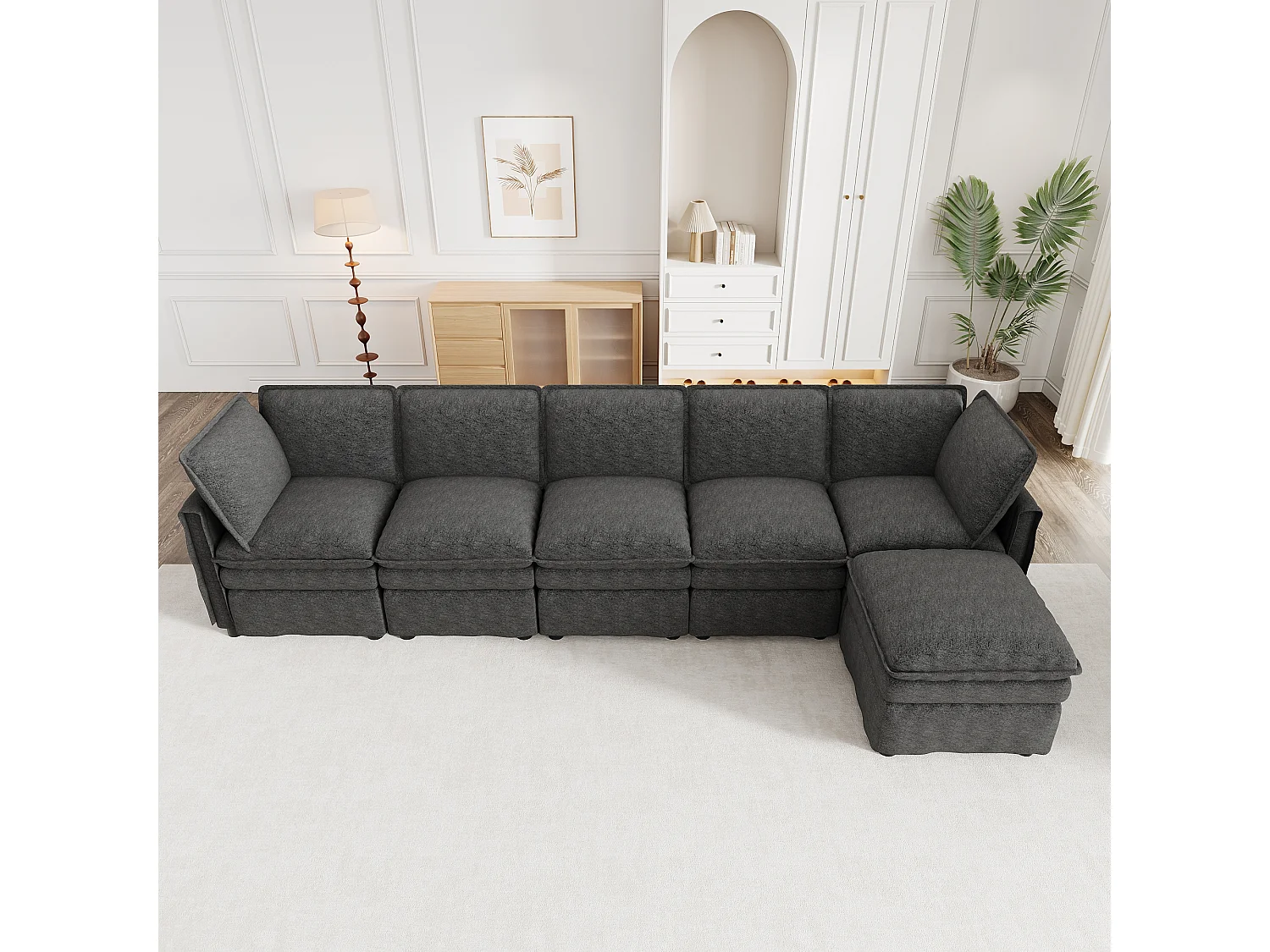 XXL modulares 6-Sitzer-Ecksofa, umwandelbar in ein Bett mit abnehmbarem Hocker, U- oder L-Form – Chenille – 344 x 127 x 91 cm – Grau