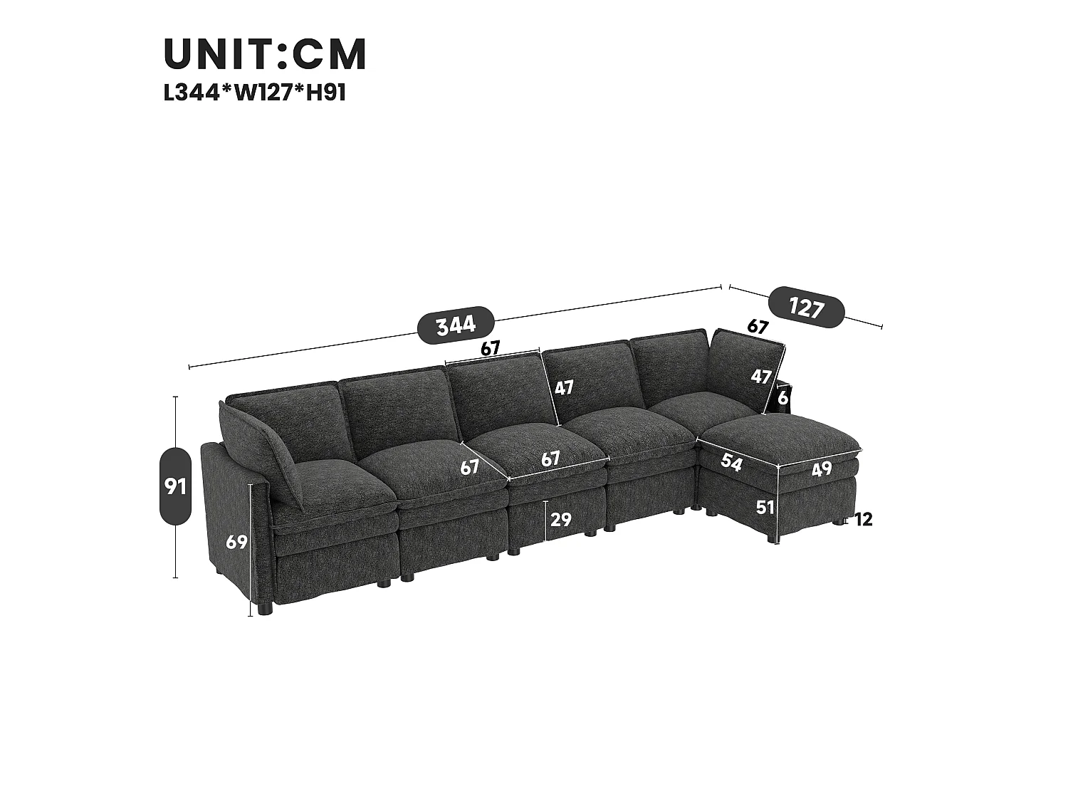XXL modulares 6-Sitzer-Ecksofa, umwandelbar in ein Bett mit abnehmbarem Hocker, U- oder L-Form – Chenille – 344 x 127 x 91 cm – Grau