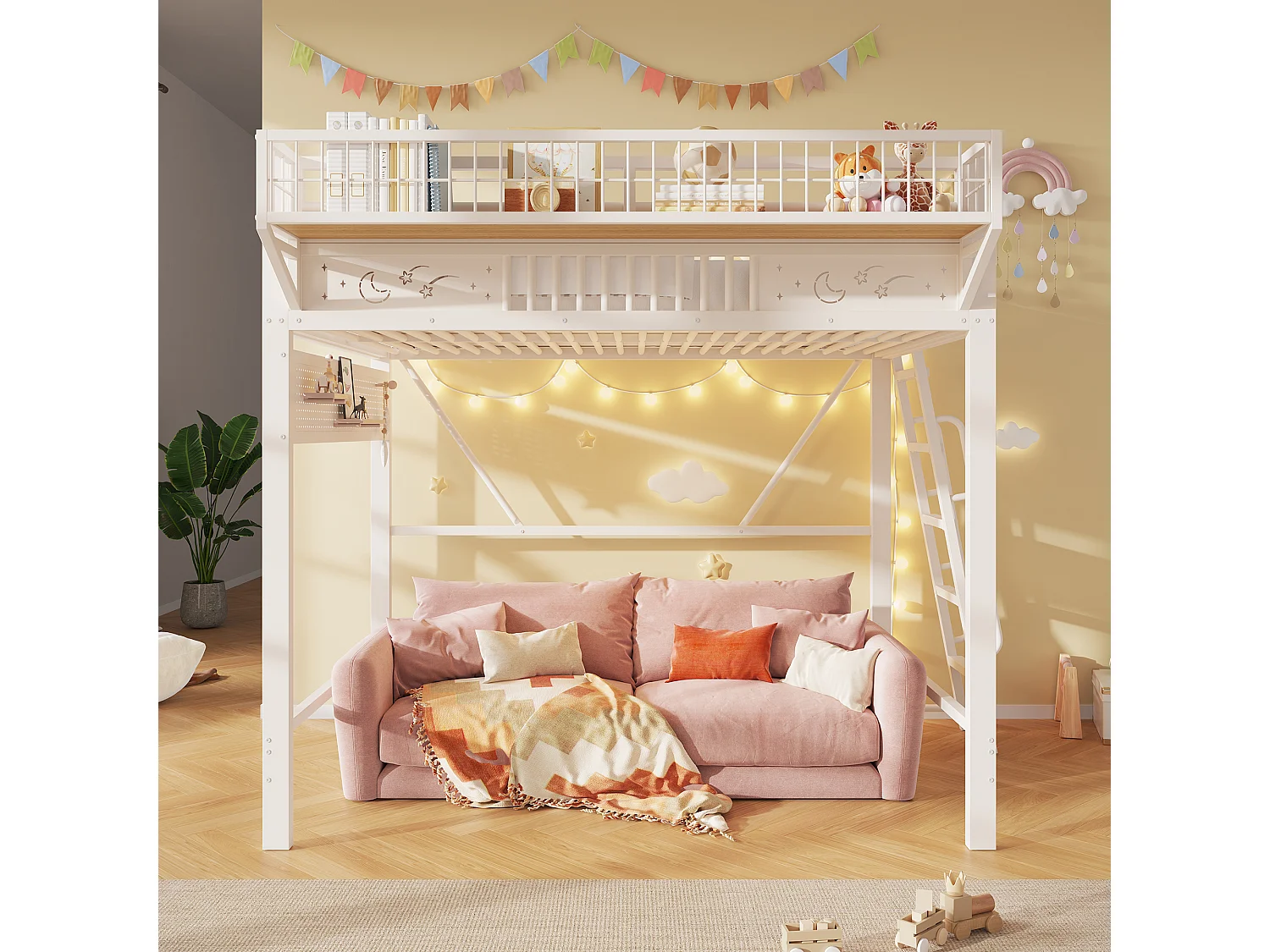 Kinder-Hochbett 140 x 200 cm aus Metall mit seitlichem Stauraum und umkehrbarer Treppe - Metall - Weiß (Matratze nicht im Lieferumfang enthalten)