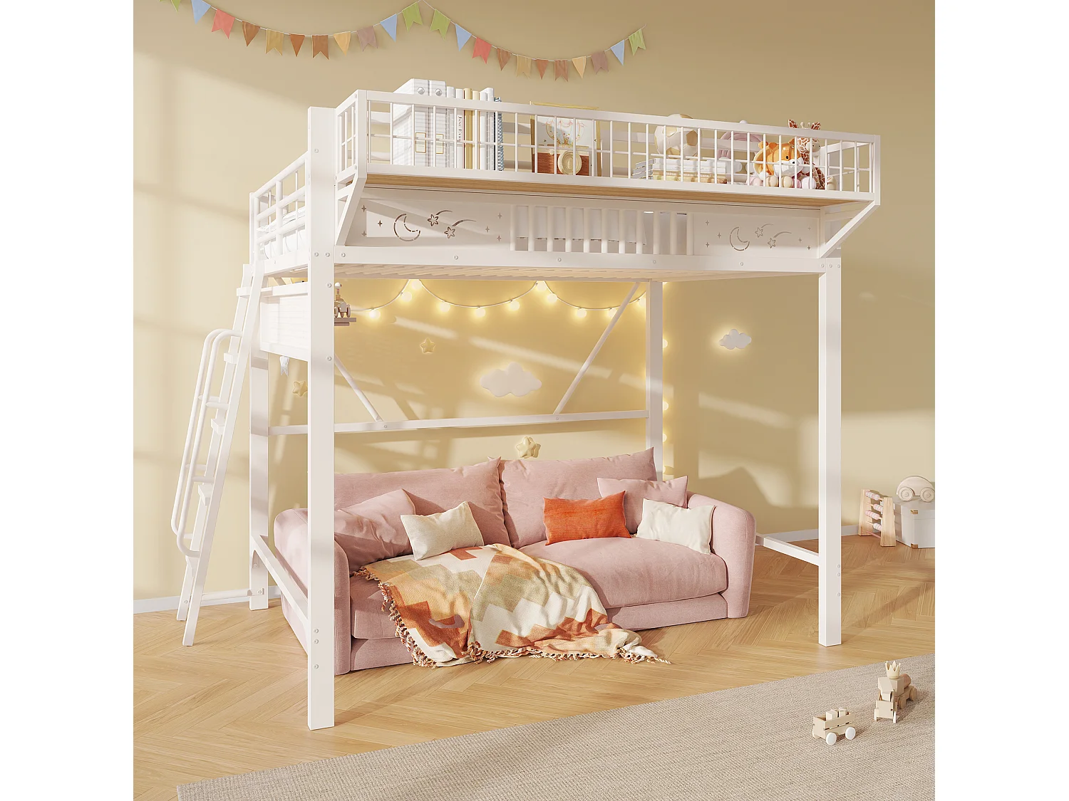 Kinder-Hochbett 140 x 200 cm aus Metall mit seitlichem Stauraum und umkehrbarer Treppe - Metall - Weiß (Matratze nicht im Lieferumfang enthalten)
