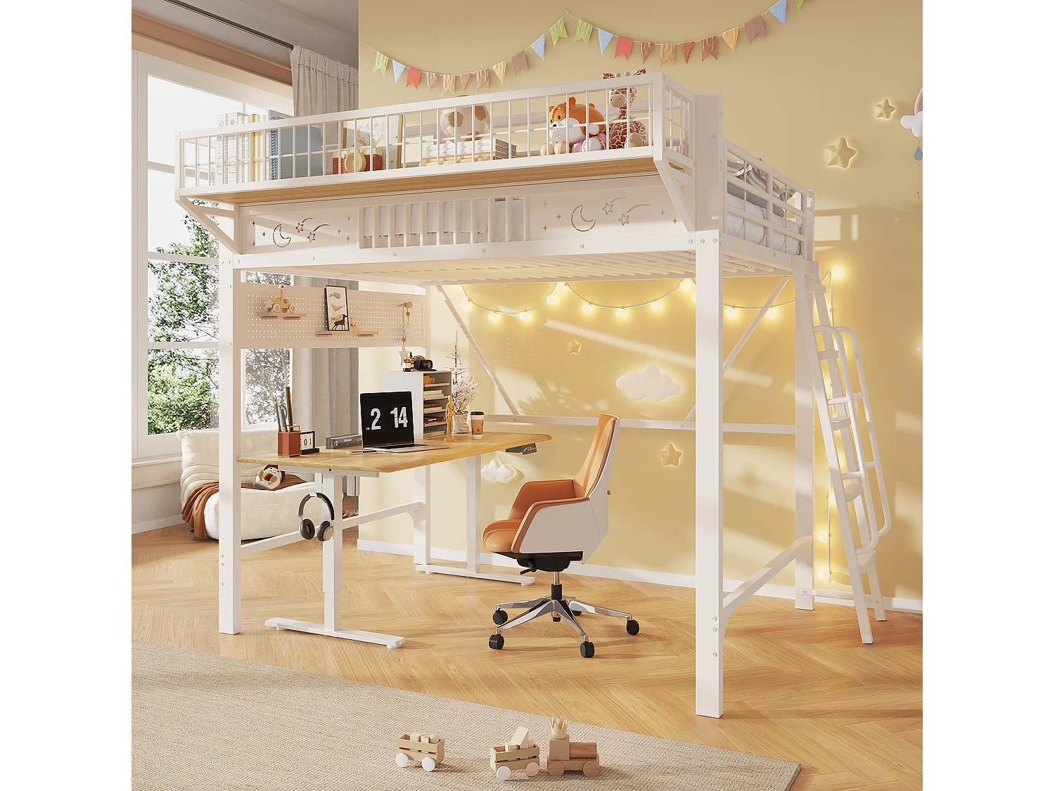 Kinder-Hochbett 140 x 200 cm aus Metall mit seitlichem Stauraum und umkehrbarer Treppe - Metall - Weiß (Matratze nicht im Lieferumfang enthalten)