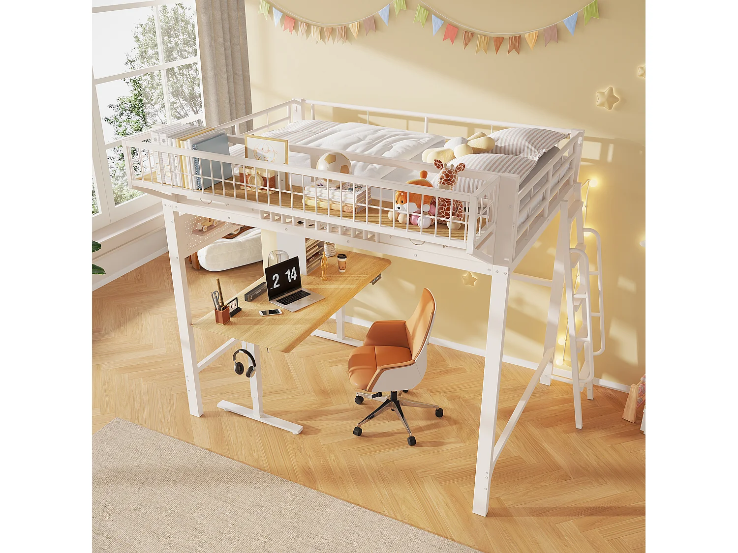 Kinder-Hochbett 140 x 200 cm aus Metall mit seitlichem Stauraum und umkehrbarer Treppe - Metall - Weiß (Matratze nicht im Lieferumfang enthalten)