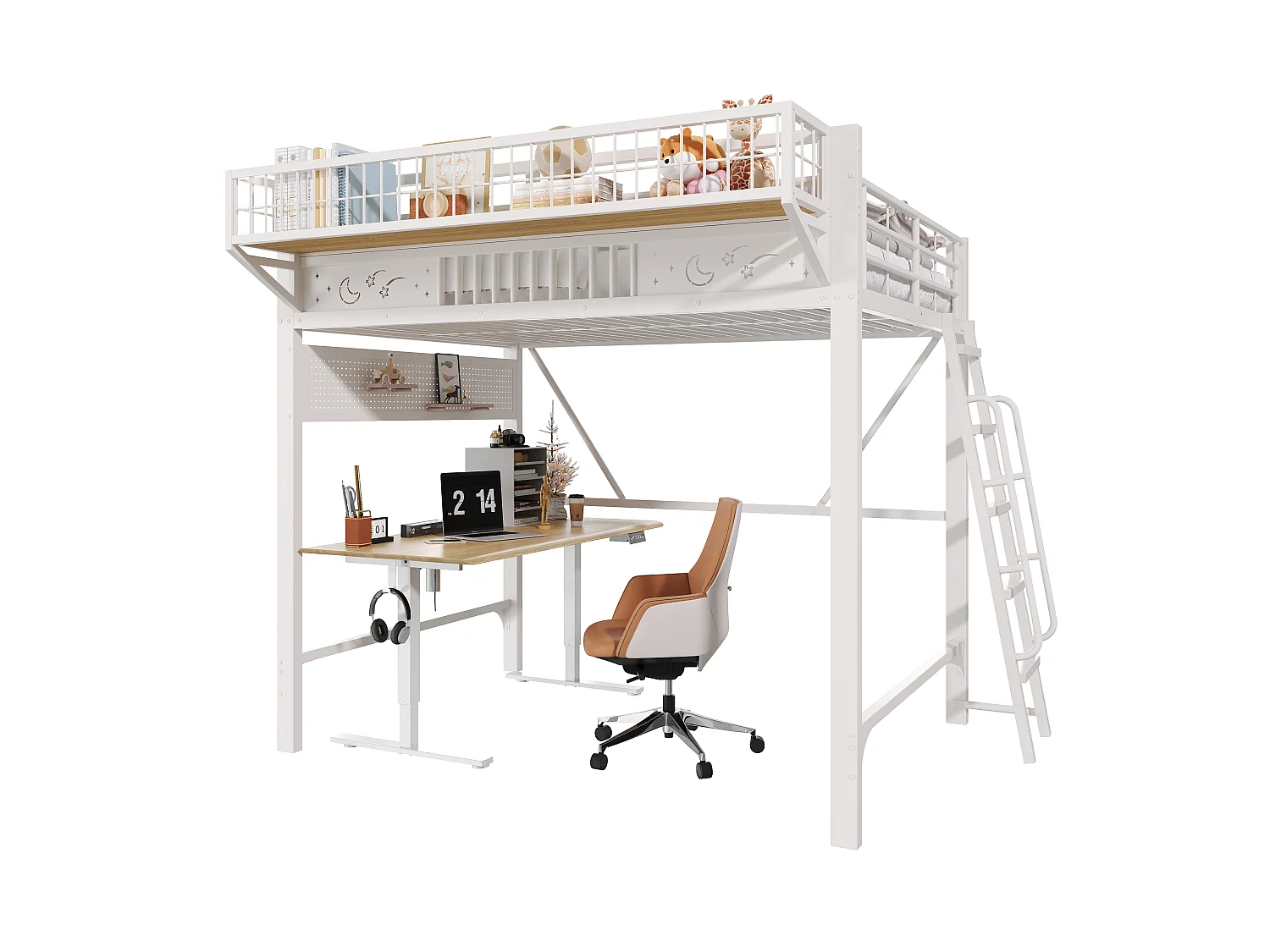 Kinder-Hochbett 140 x 200 cm aus Metall mit seitlichem Stauraum und umkehrbarer Treppe - Metall - Weiß (Matratze nicht im Lieferumfang enthalten)