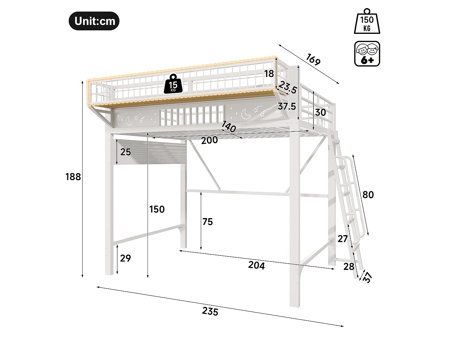 Kinder-Hochbett 140 x 200 cm aus Metall mit seitlichem Stauraum und umkehrbarer Treppe - Metall - Weiß (Matratze nicht im Lieferumfang enthalten)