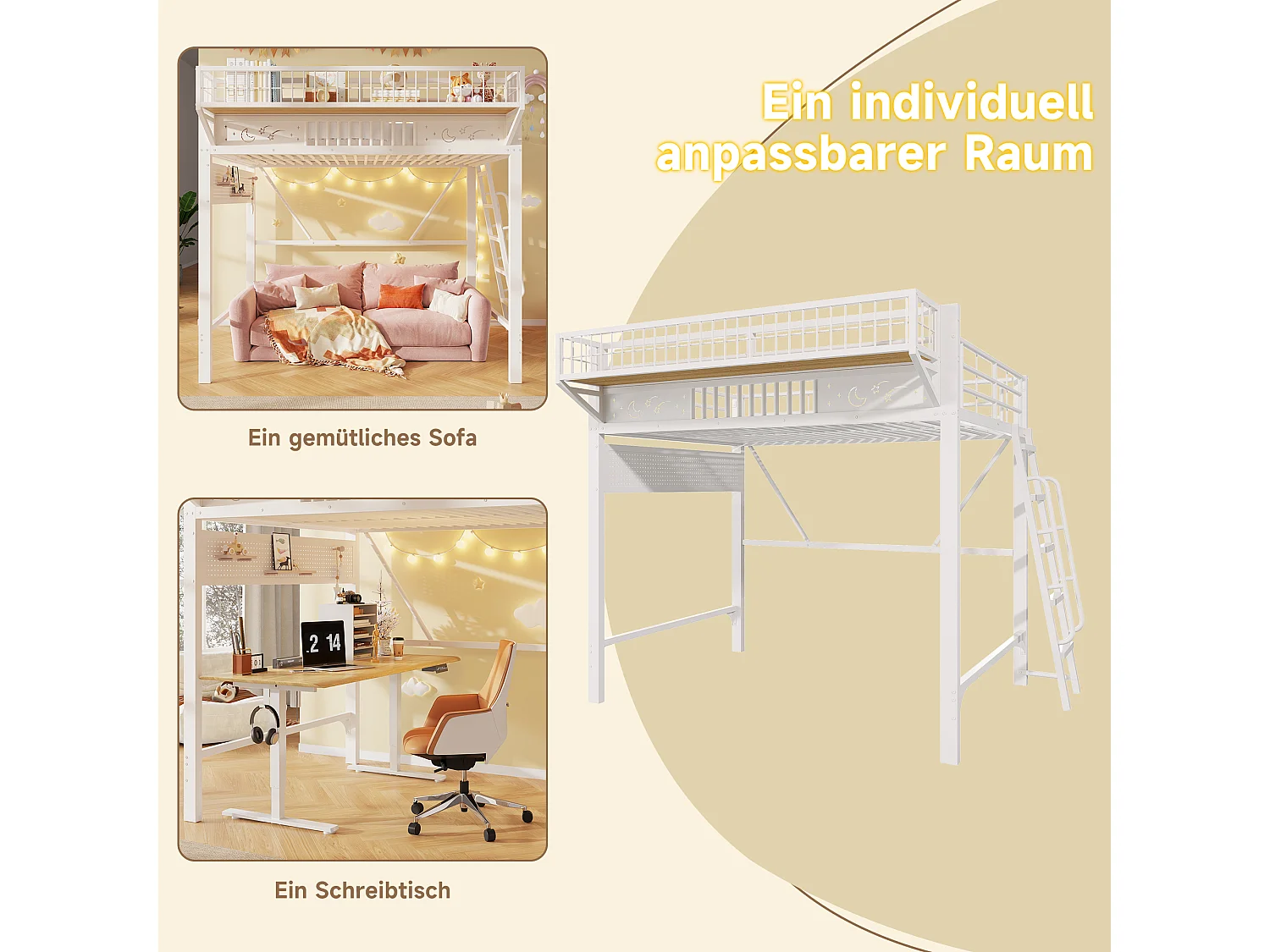 Kinder-Hochbett 140 x 200 cm aus Metall mit seitlichem Stauraum und umkehrbarer Treppe - Metall - Weiß (Matratze nicht im Lieferumfang enthalten)