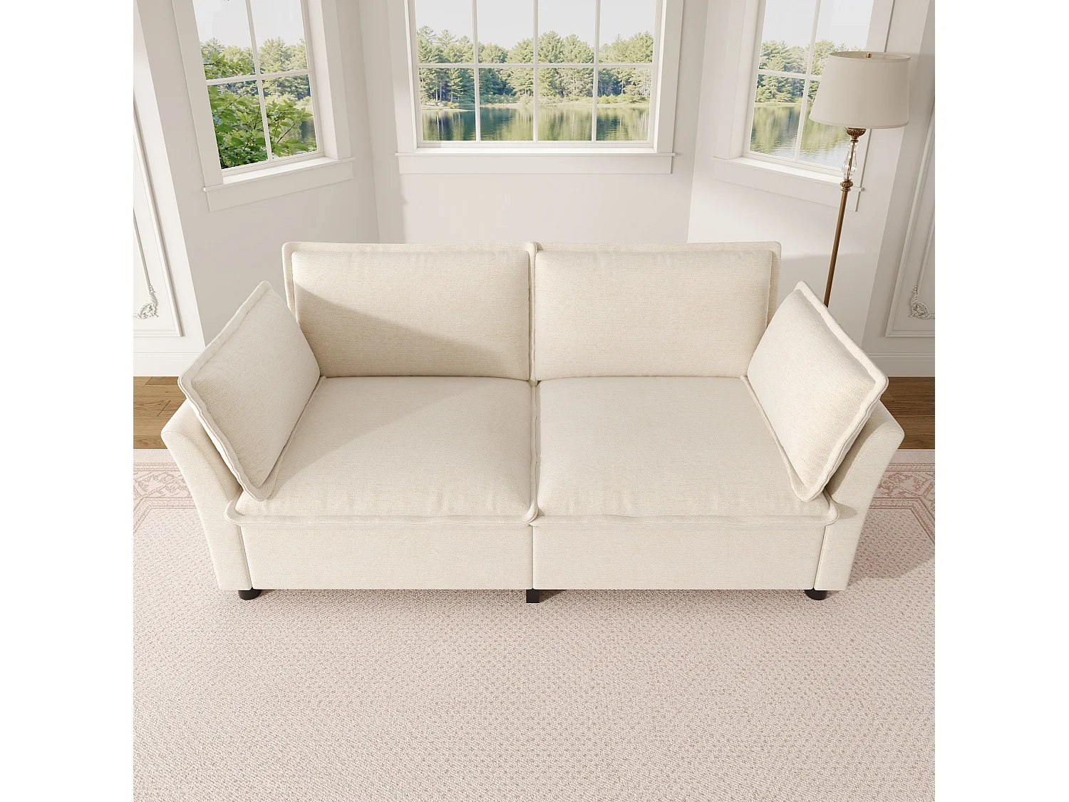 Zweisitzer-Chenille-Sofa mit zwei Kissen – Taschenfederkern und hochelastischer Schaumstoffsitz – 155 x 81 x 87 cm – Beige