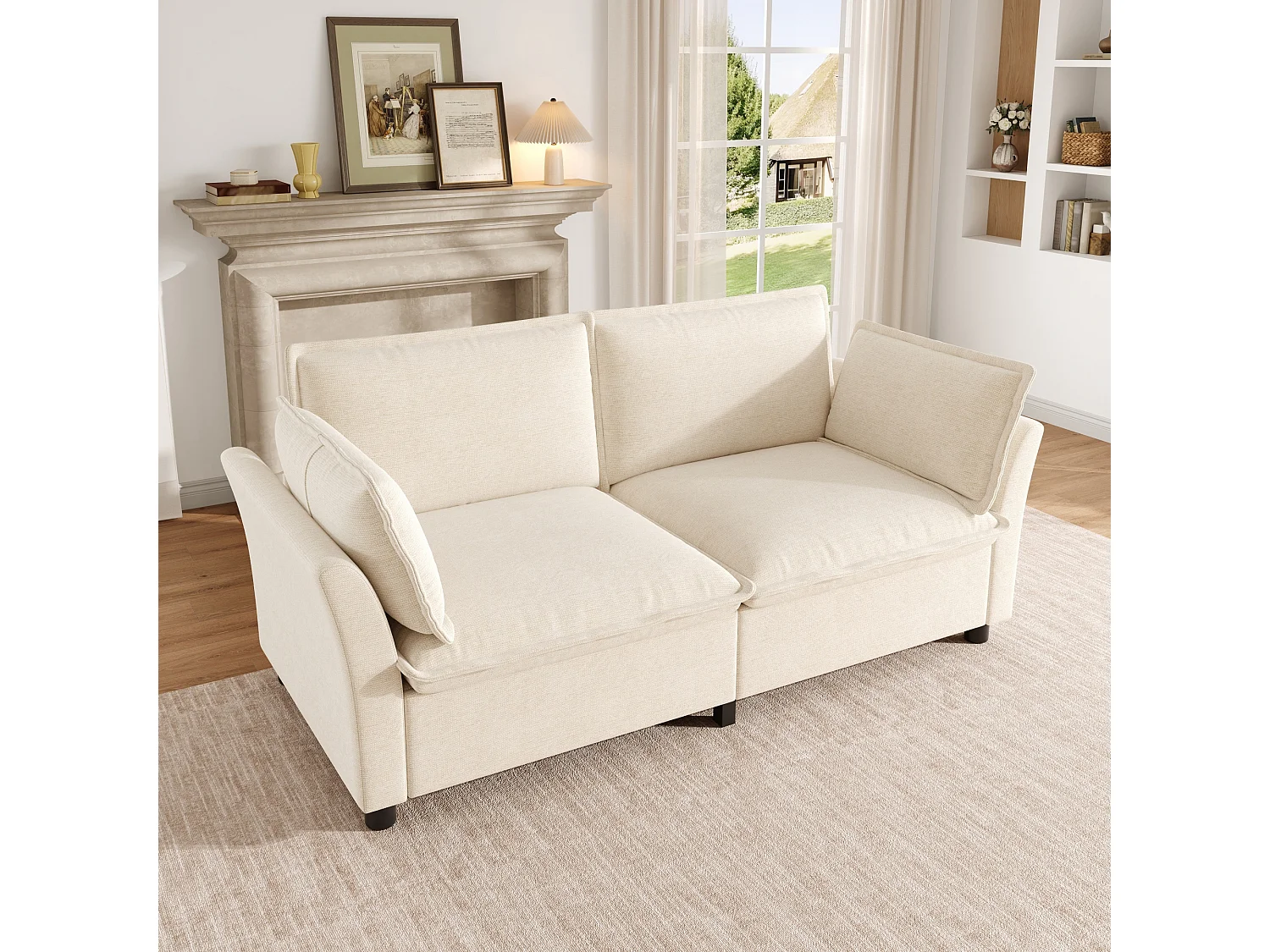 Zweisitzer-Chenille-Sofa mit zwei Kissen – Taschenfederkern und hochelastischer Schaumstoffsitz – 155 x 81 x 87 cm – Beige