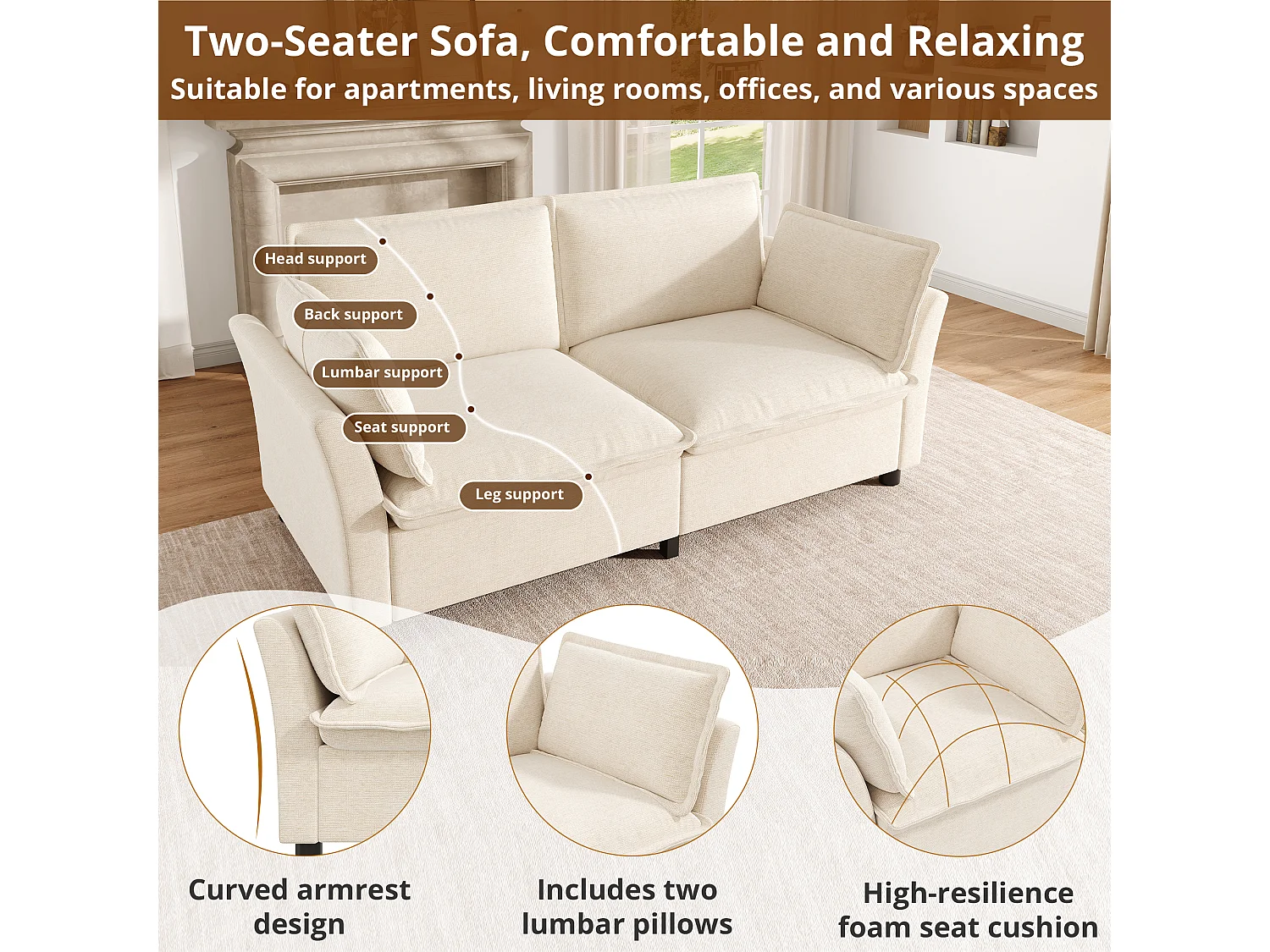 Zweisitzer-Chenille-Sofa mit zwei Kissen – Taschenfederkern und hochelastischer Schaumstoffsitz – 155 x 81 x 87 cm – Beige