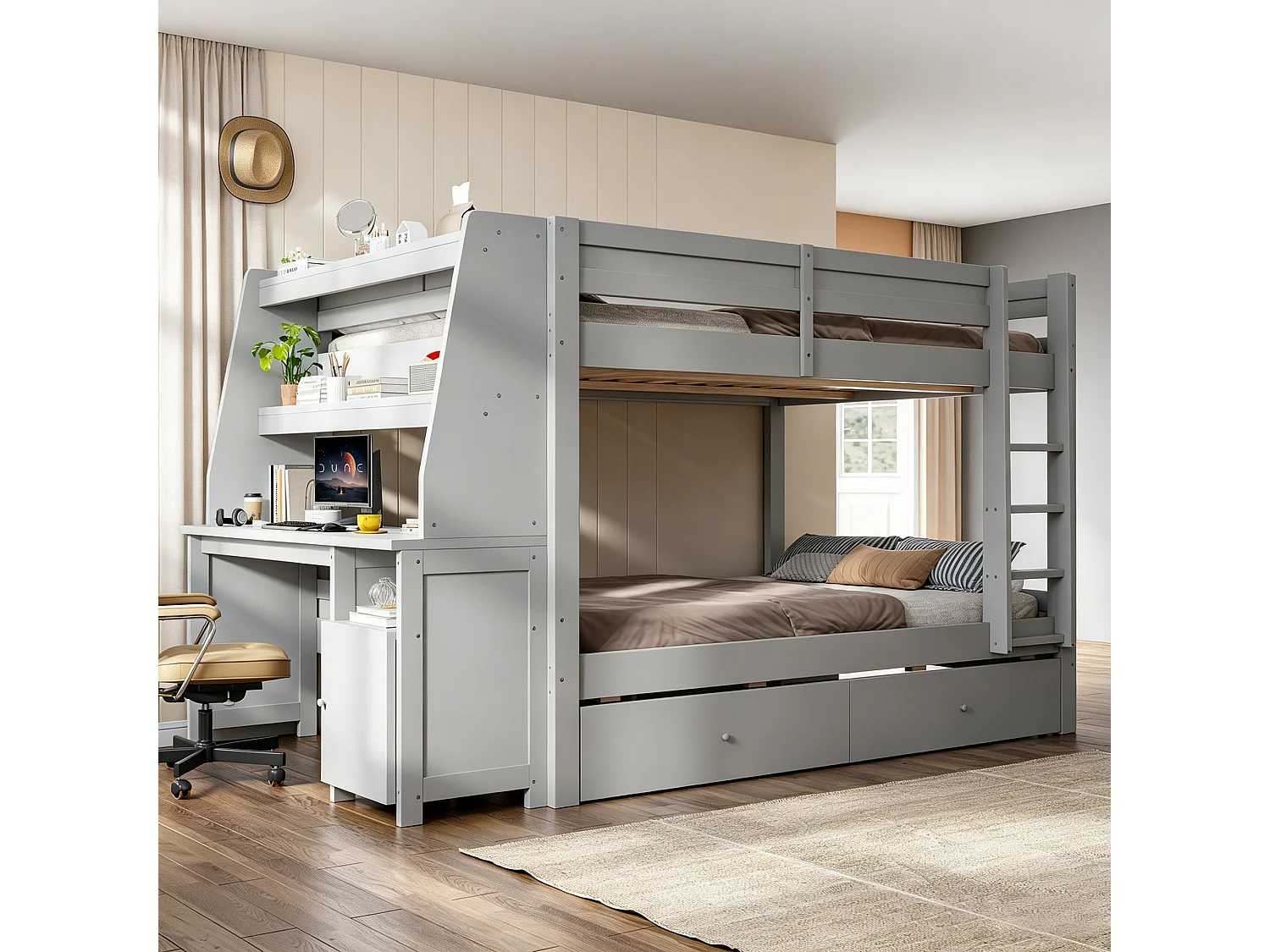 Letto a soppalco per bambini 140 x 200 cm con armadio reversibile, scrivania, mensole e 2 cassetti - Pino + metallo + MDF - Grigio (Materasso non incluso)
