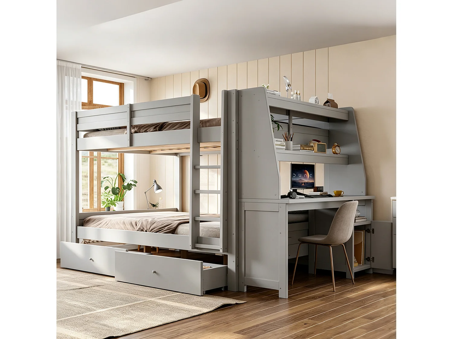Letto a soppalco per bambini 140 x 200 cm con armadio reversibile, scrivania, mensole e 2 cassetti - Pino + metallo + MDF - Grigio (Materasso non incluso)