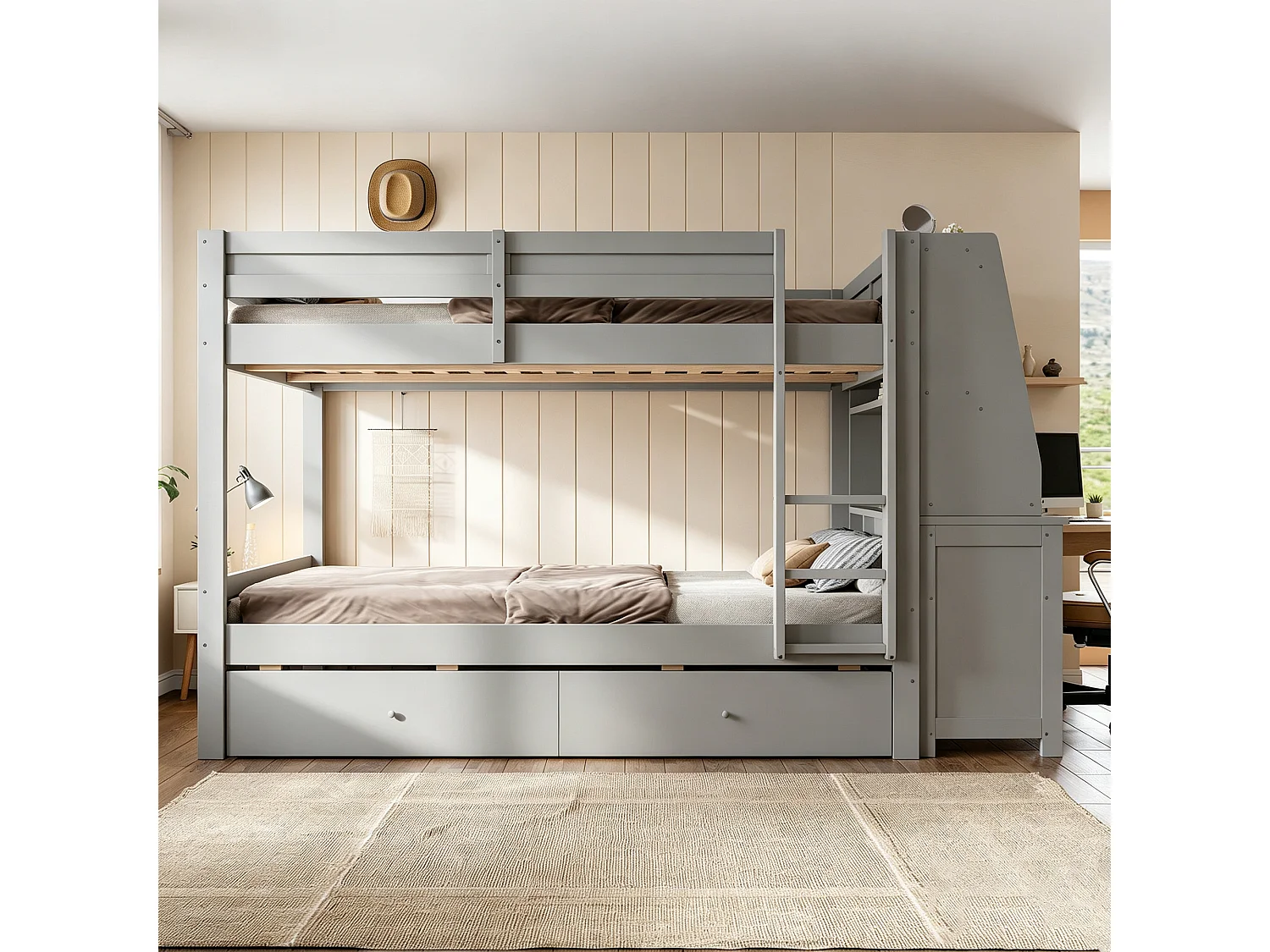 Letto a soppalco per bambini 140 x 200 cm con armadio reversibile, scrivania, mensole e 2 cassetti - Pino + metallo + MDF - Grigio (Materasso non incluso)