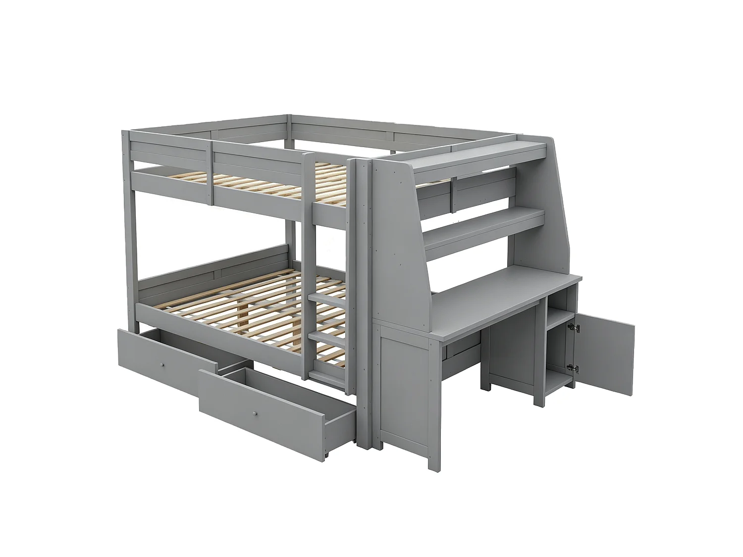 Letto a soppalco per bambini 140 x 200 cm con armadio reversibile, scrivania, mensole e 2 cassetti - Pino + metallo + MDF - Grigio (Materasso non incluso)